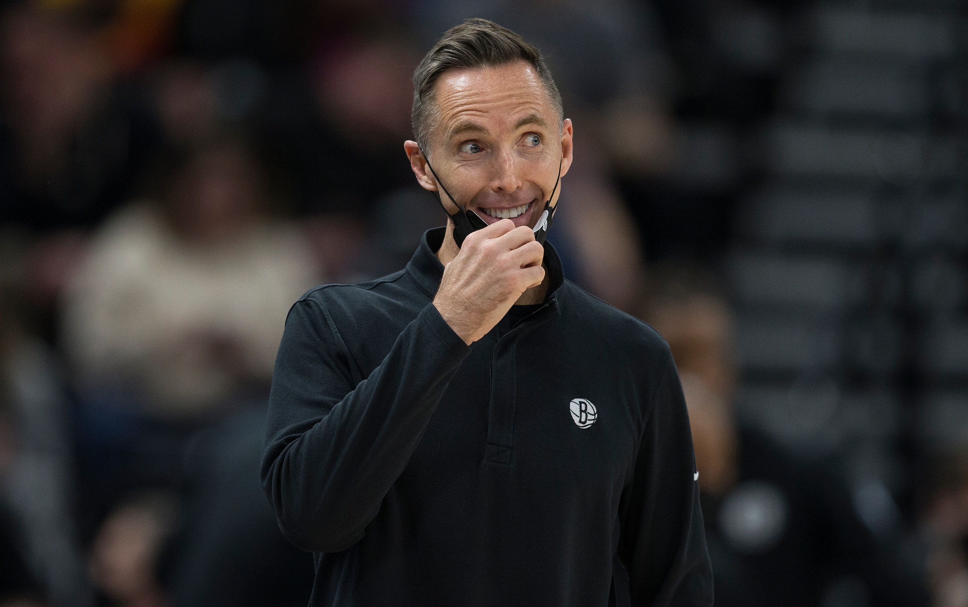 SALT LAKE CITY, UT -  FEBRUARY 4:  Head coach Steve Nash of the Brooklyn Nets questions a referee's call during the first half of their game against the Utah Jazz February 4, 2022 at the Vivint Smart Home Arena in Salt Lake City, Utah. NOTE TO USER: User expressly acknowledges and agrees that, by downloading and/or using this Photograph, user is consenting to the terms and conditions of the Getty Images License Agreement.(Photo by Chris Gardner/Getty Images)
