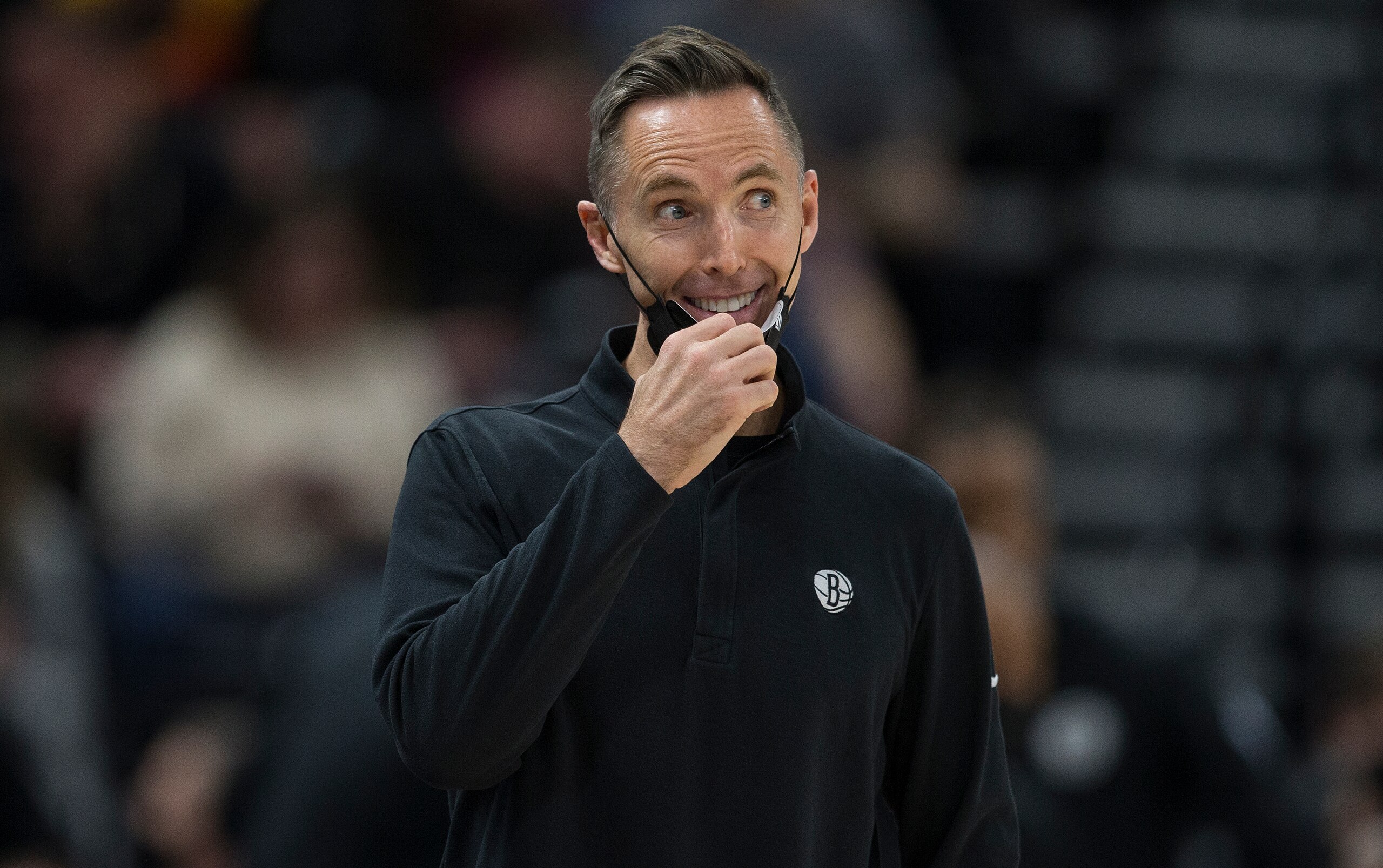 SALT LAKE CITY, UT -  FEBRUARY 4:  Head coach Steve Nash of the Brooklyn Nets questions a referee's call during the first half of their game against the Utah Jazz February 4, 2022 at the Vivint Smart Home Arena in Salt Lake City, Utah. NOTE TO USER: User expressly acknowledges and agrees that, by downloading and/or using this Photograph, user is consenting to the terms and conditions of the Getty Images License Agreement.(Photo by Chris Gardner/Getty Images)