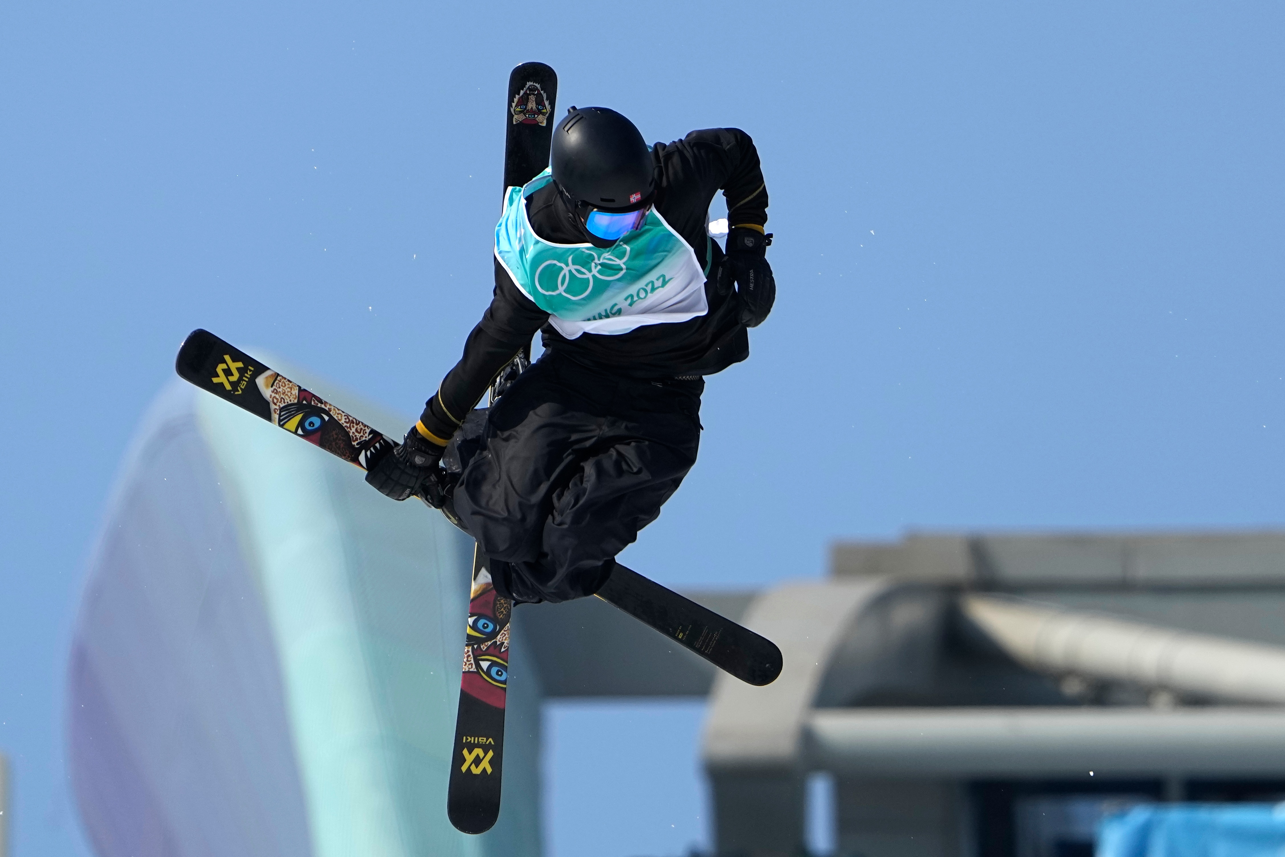 Birk Ruud of Norway competes during the men's freestyle skiing big air finals of the 2022 Winter Olympics, Wednesday, Feb. 9, 2022, in Beijing. (AP Photo/Jae C. Hong)