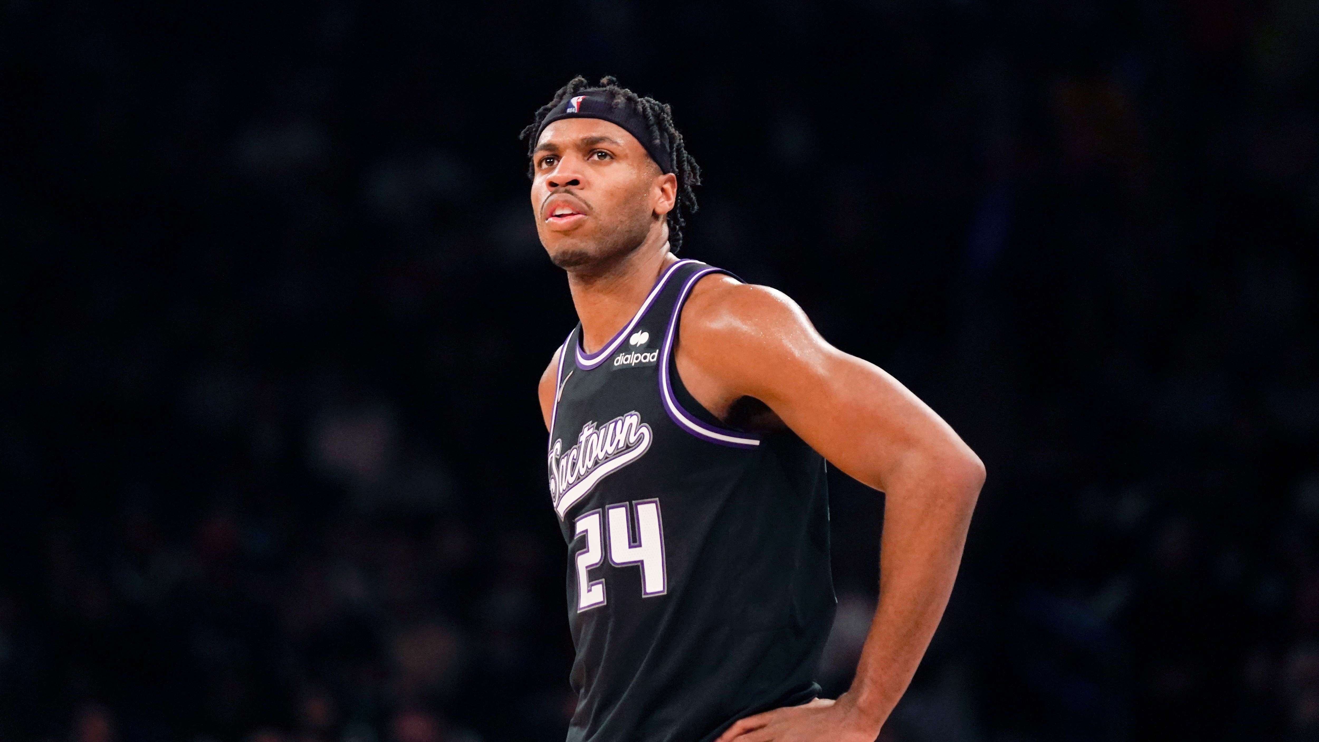 Sacramento Kings' Buddy Hield during the first half of the NBA basketball game against the New York Knicks, Monday, Jan. 31, 2022, in New York. (AP Photo/Seth Wenig)