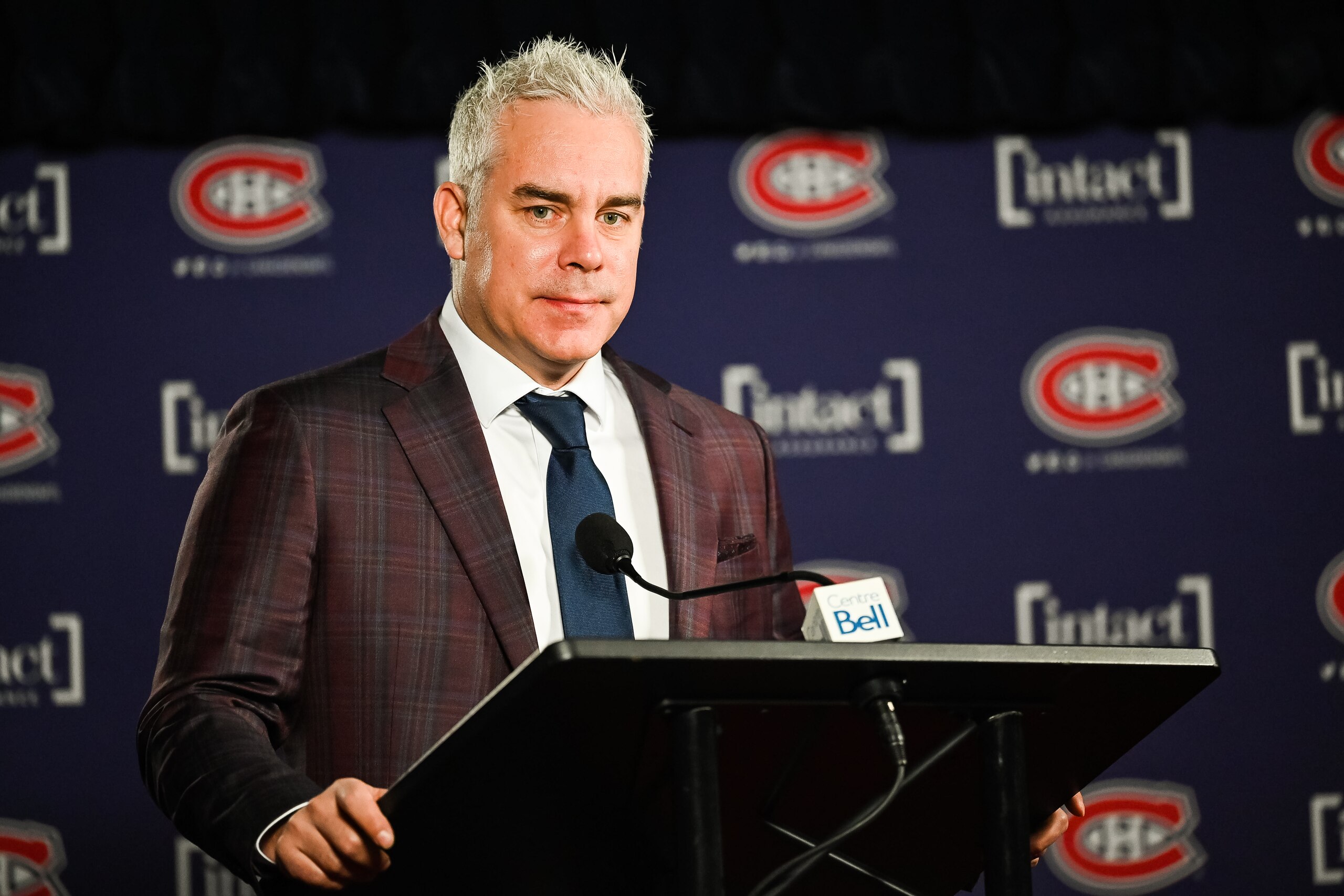 MONTREAL, QC - NOVEMBER 29: Montreal Canadiens head coach Dominique Ducharme listens to a question from the media before the Vancouver Canucks versus the Montreal Canadiens game on November 29, 2021, at Bell Centre in Montreal, QC (Photo by David Kirouac/Icon Sportswire via Getty Images)