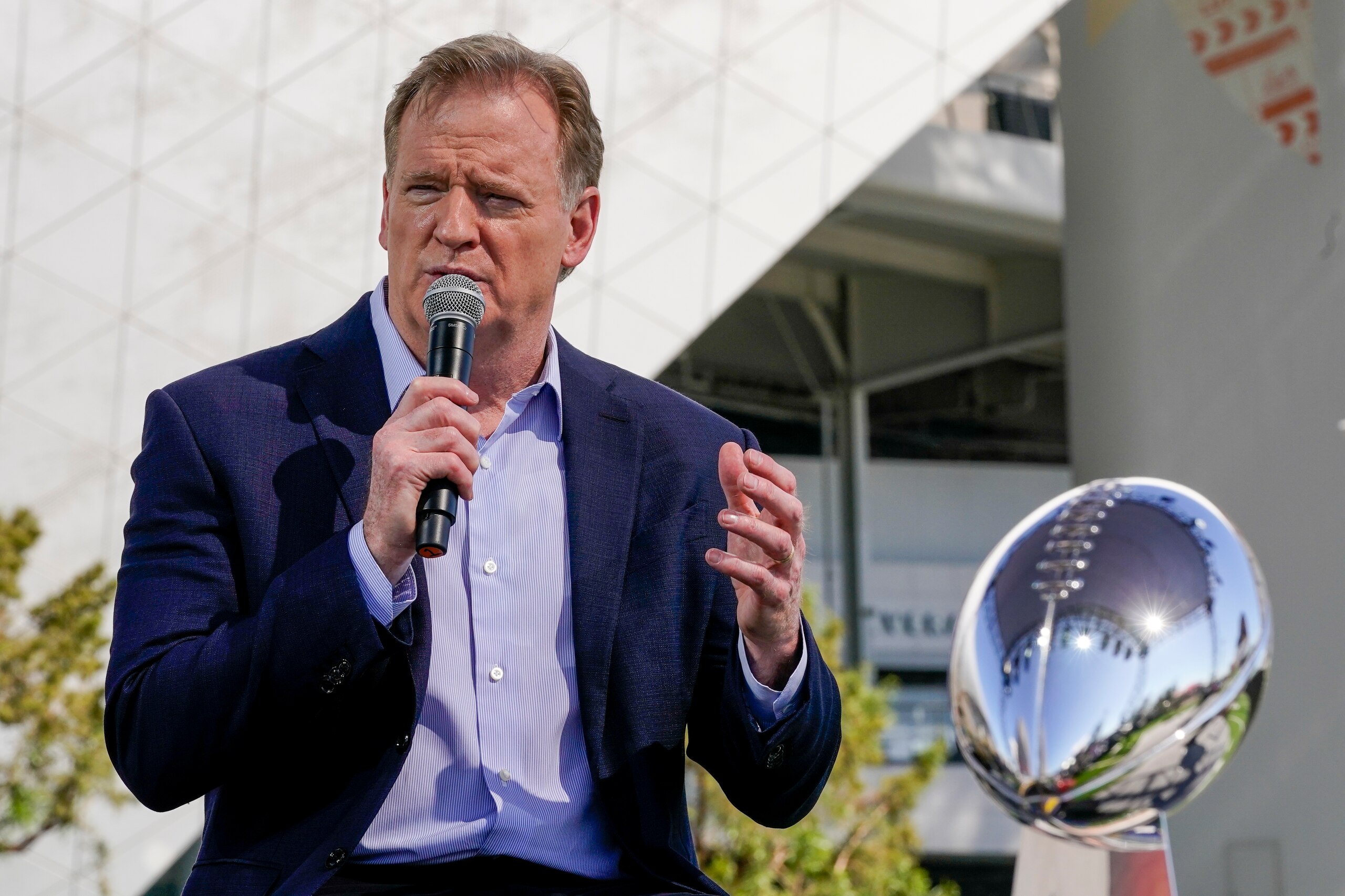 NFL Commissioner Roger Goodell speaks at a news conference Wednesday, Feb. 9, 2022, in Inglewood, Calif. (AP Photo/Morry Gash)