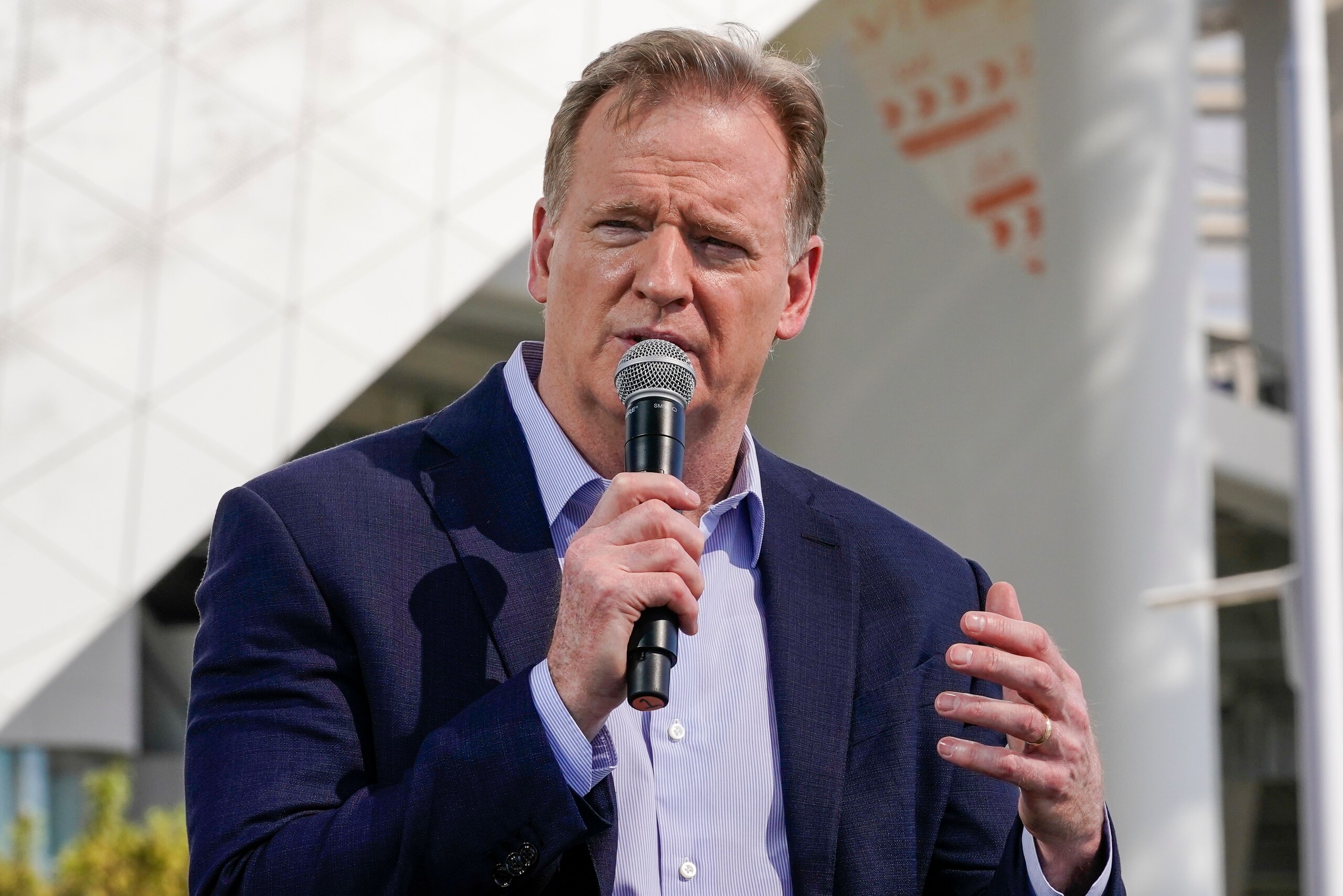 NFL Commissioner Roger Goodell speaks at a news conference Wednesday, Feb. 9, 2022, in Inglewood, Calif. (AP Photo/Morry Gash)