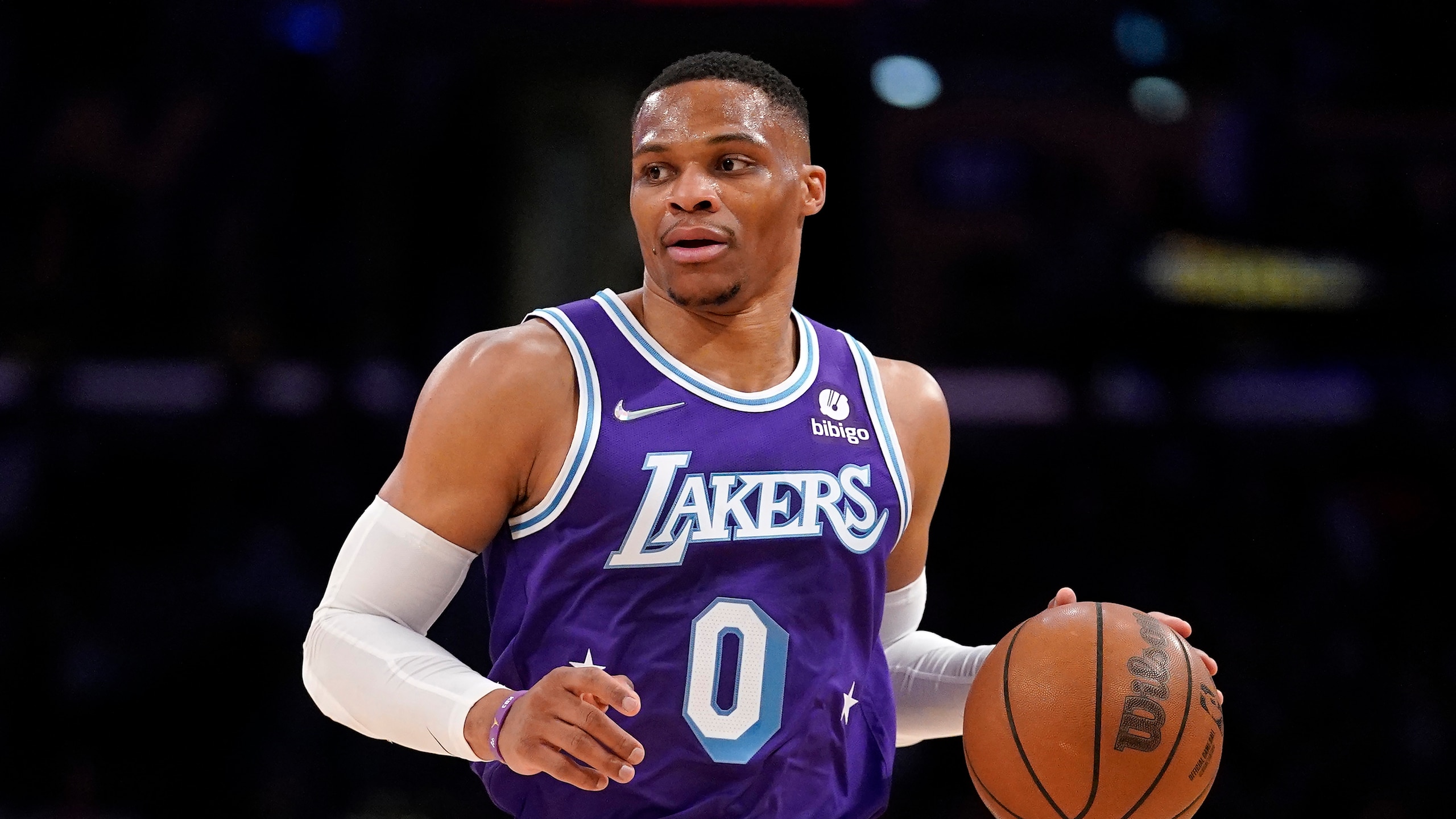 Los Angeles Lakers guard Russell Westbrook dribbles during the first half of an NBA basketball game against the New York Knicks Saturday, Feb. 5, 2022, in Los Angeles. (AP Photo/Mark J. Terrill) Los Angeles Lakers guard Russell Westbrook dribbles during the first half of an NBA basketball game against the New York Knicks Saturday, Feb. 5, 2022, in Los Angeles. (AP Photo/Mark J. Terrill)
