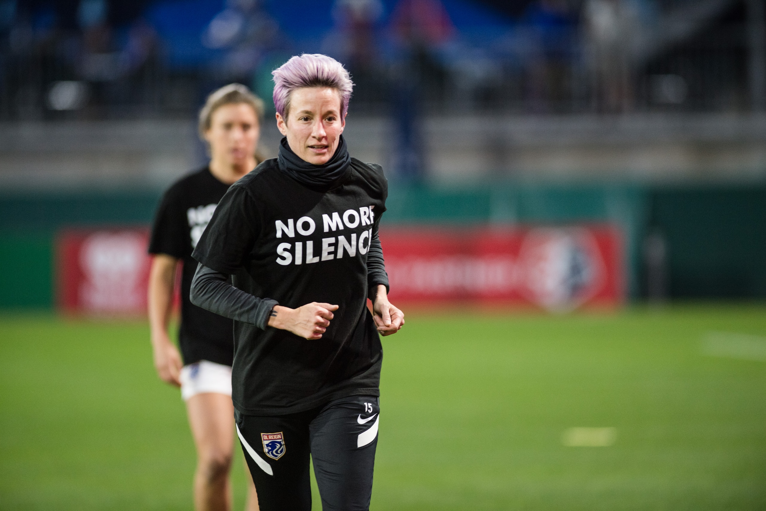 TACOMA, WA - OCTOBER 16: Megan Rapinoe #15 of the OL Reign before a game between Washington Spirit and OL Reign at Cheney Stadium on October 16, 2021 in Tacoma, Washington. (Photo by Jane Gershovich/ISI Photos/Getty Images)