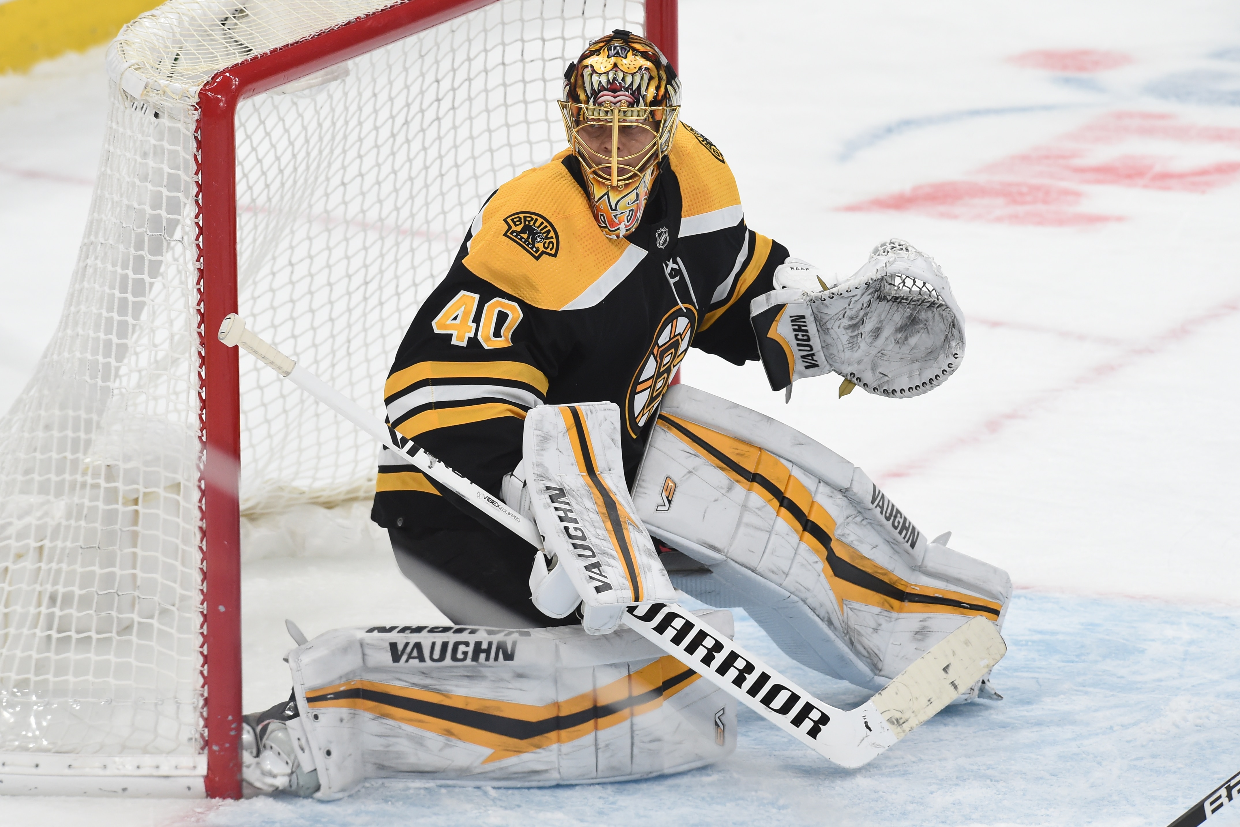 BOSTON, MA - JANUARY 22: Tuukka Rask #40 of the Boston Bruins in the net against the Winnipeg Jets at the TD Garden on January 22, 2022 in Boston, Massachusetts. (Photo by Steve Babineau/NHLI via Getty Images)