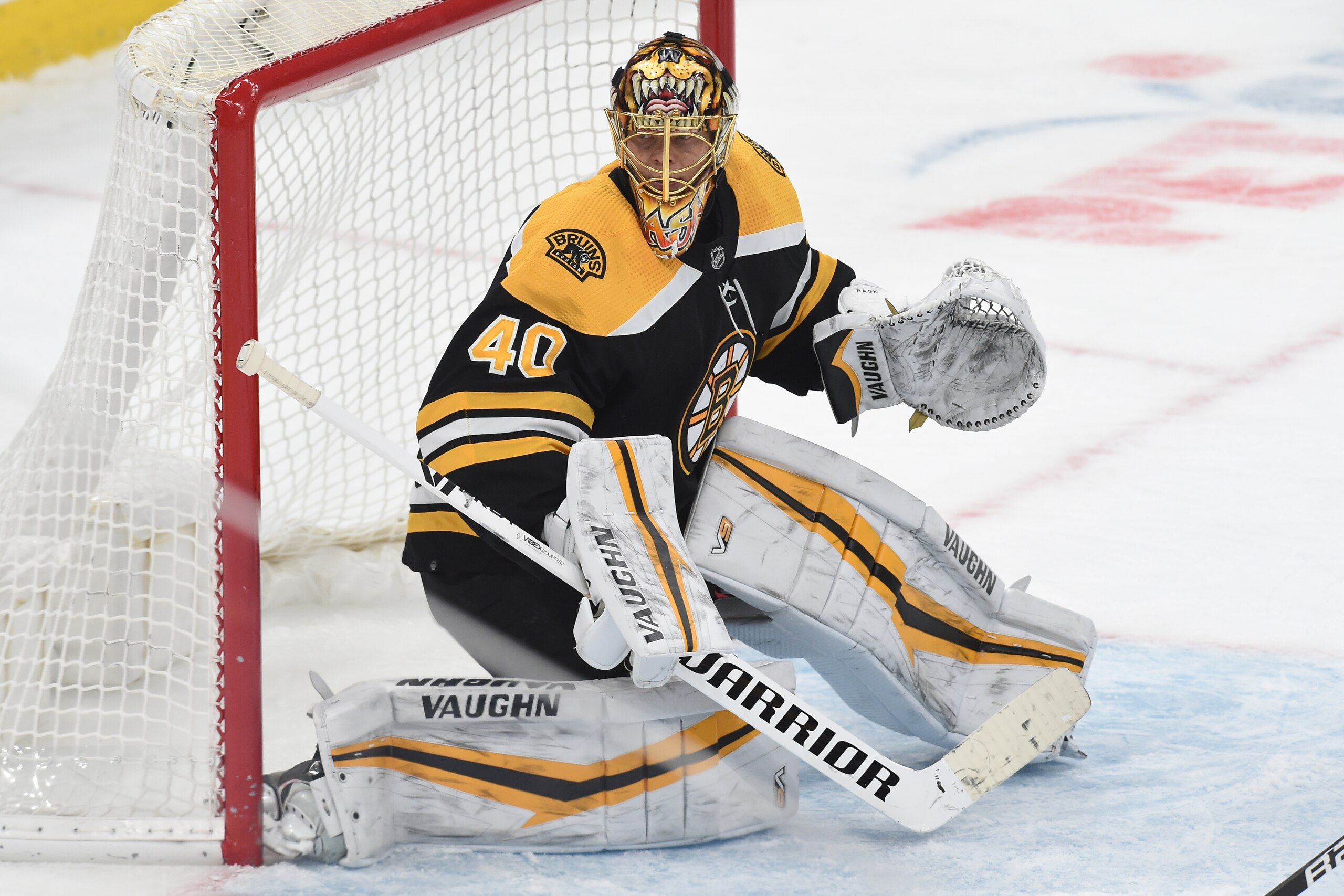 BOSTON, MA - JANUARY 22: Tuukka Rask #40 of the Boston Bruins in the net against the Winnipeg Jets at the TD Garden on January 22, 2022 in Boston, Massachusetts. (Photo by Steve Babineau/NHLI via Getty Images)