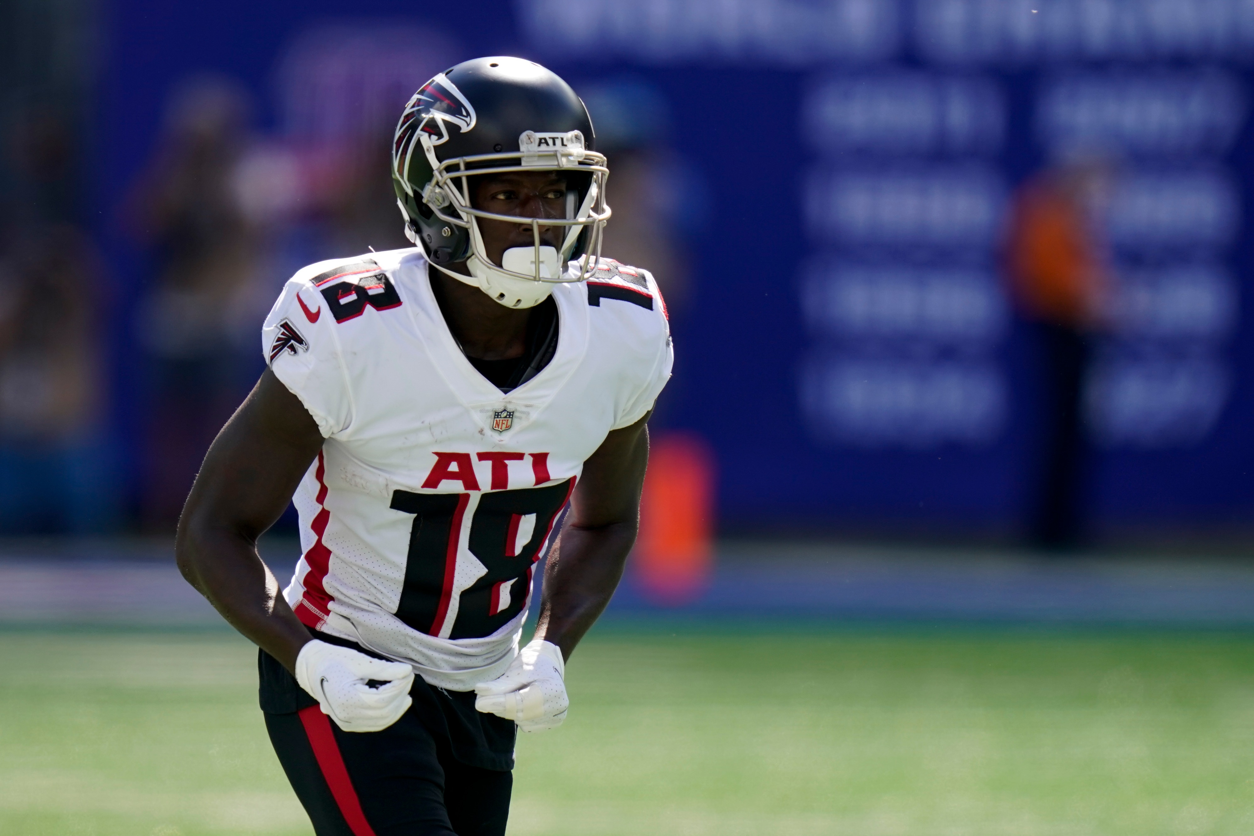 Atlanta Falcons wide receiver Calvin Ridley prepares for a play during the first half of an NFL football game against the New York Giants, Sunday, Sept. 26, 2021, in East Rutherford, N.J. (AP Photo/Seth Wenig)