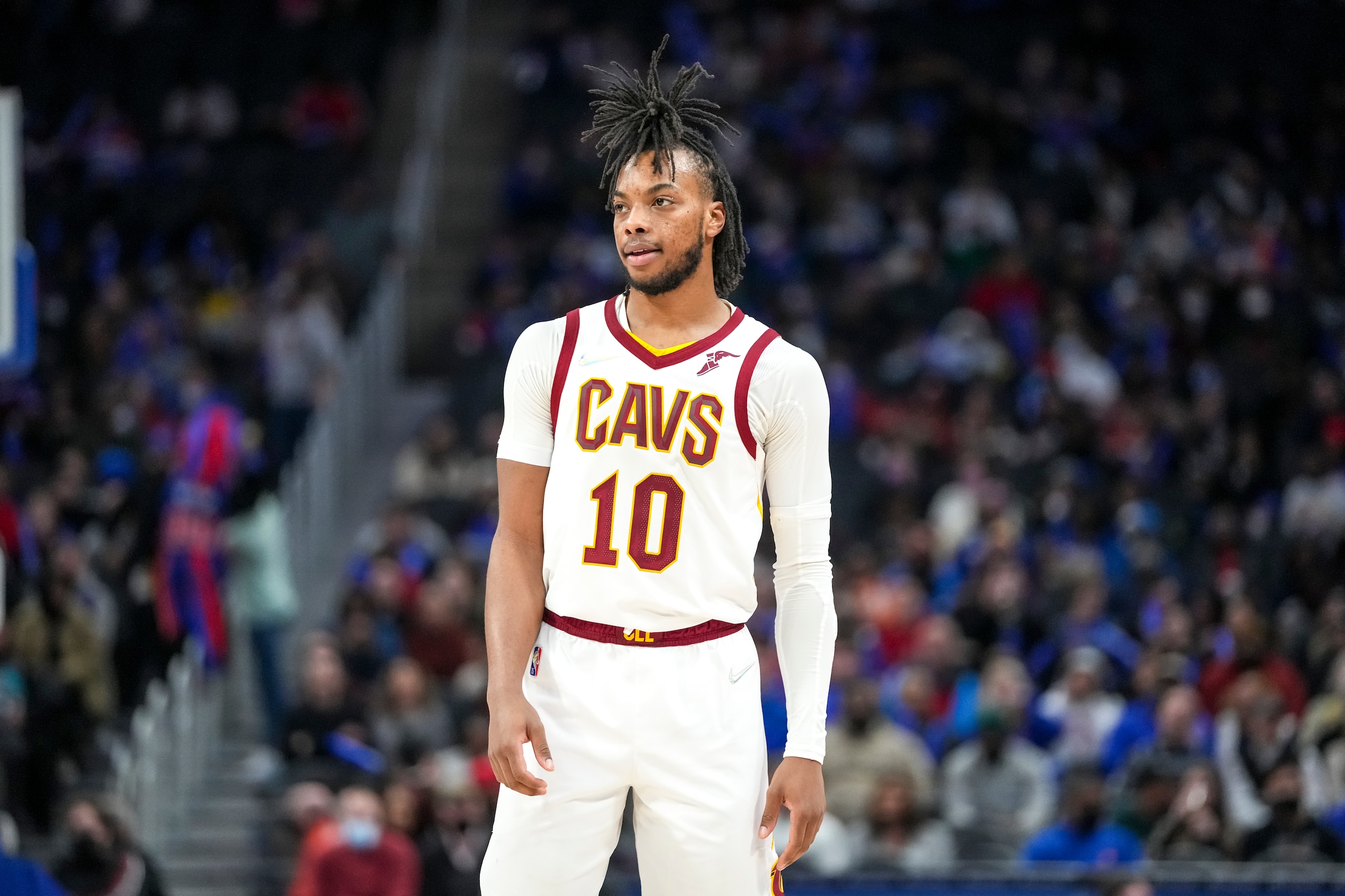 DETROIT, MICHIGAN - JANUARY 30: Darius Garland #10 of the Cleveland Cavaliers looks on against the Detroit Pistons during the third quarter at Little Caesars Arena on January 30, 2022 in Detroit, Michigan. NOTE TO USER: User expressly acknowledges and agrees that, by downloading and or using this photograph, User is consenting to the terms and conditions of the Getty Images License Agreement. (Photo by Nic Antaya/Getty Images)