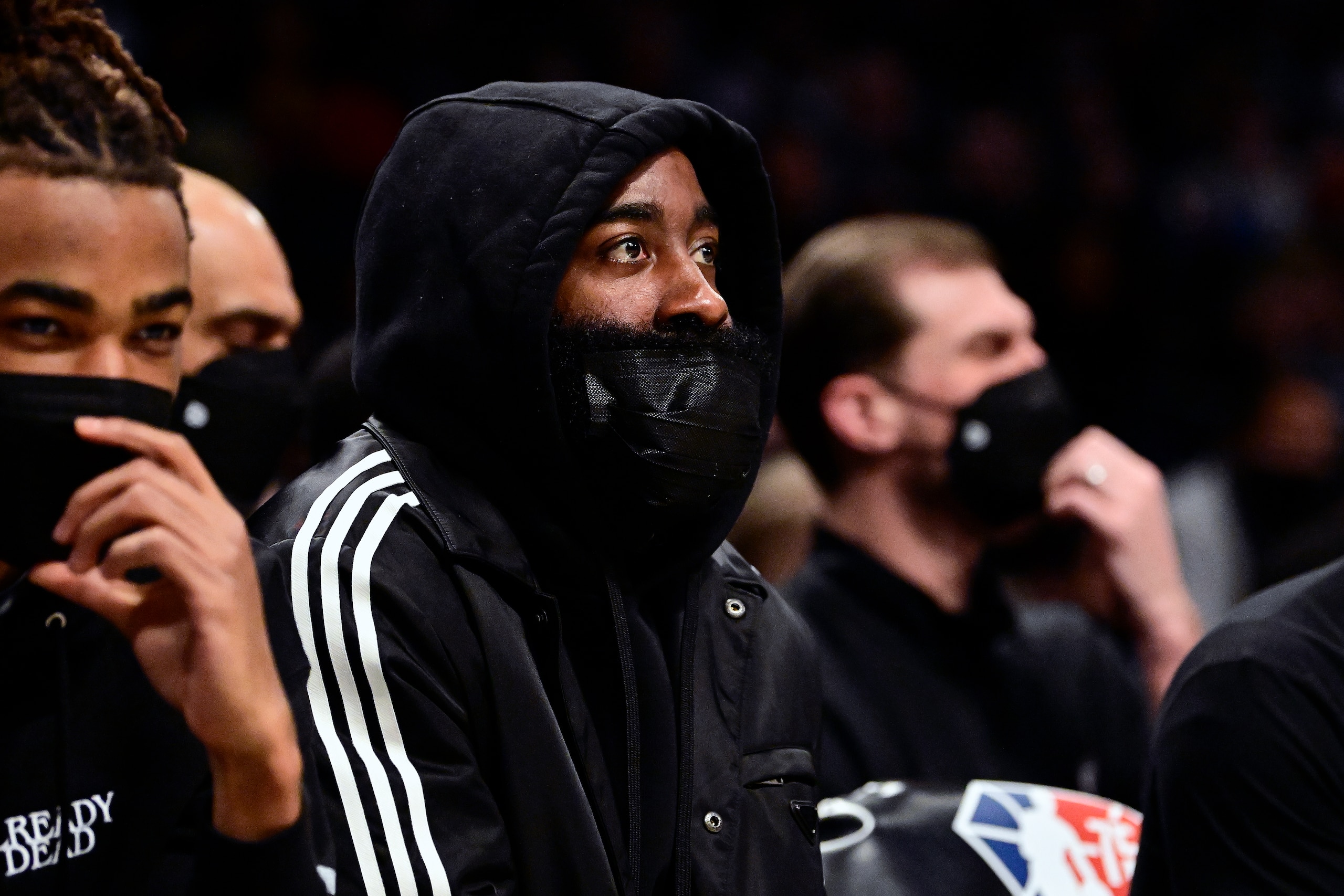 NEW YORK, NEW YORK - FEBRUARY 08:  James Harden #13 of the Brooklyn Nets looks on from the bench in the second half of the game against the Boston Celtics at Barclays Center on February 08, 2022 in New York City. NOTE TO USER: User expressly acknowledges and agrees that, by downloading and or using this photograph, User is consenting to the terms and conditions of the Getty Images License Agreement. (Photo by Steven Ryan/Getty Images)