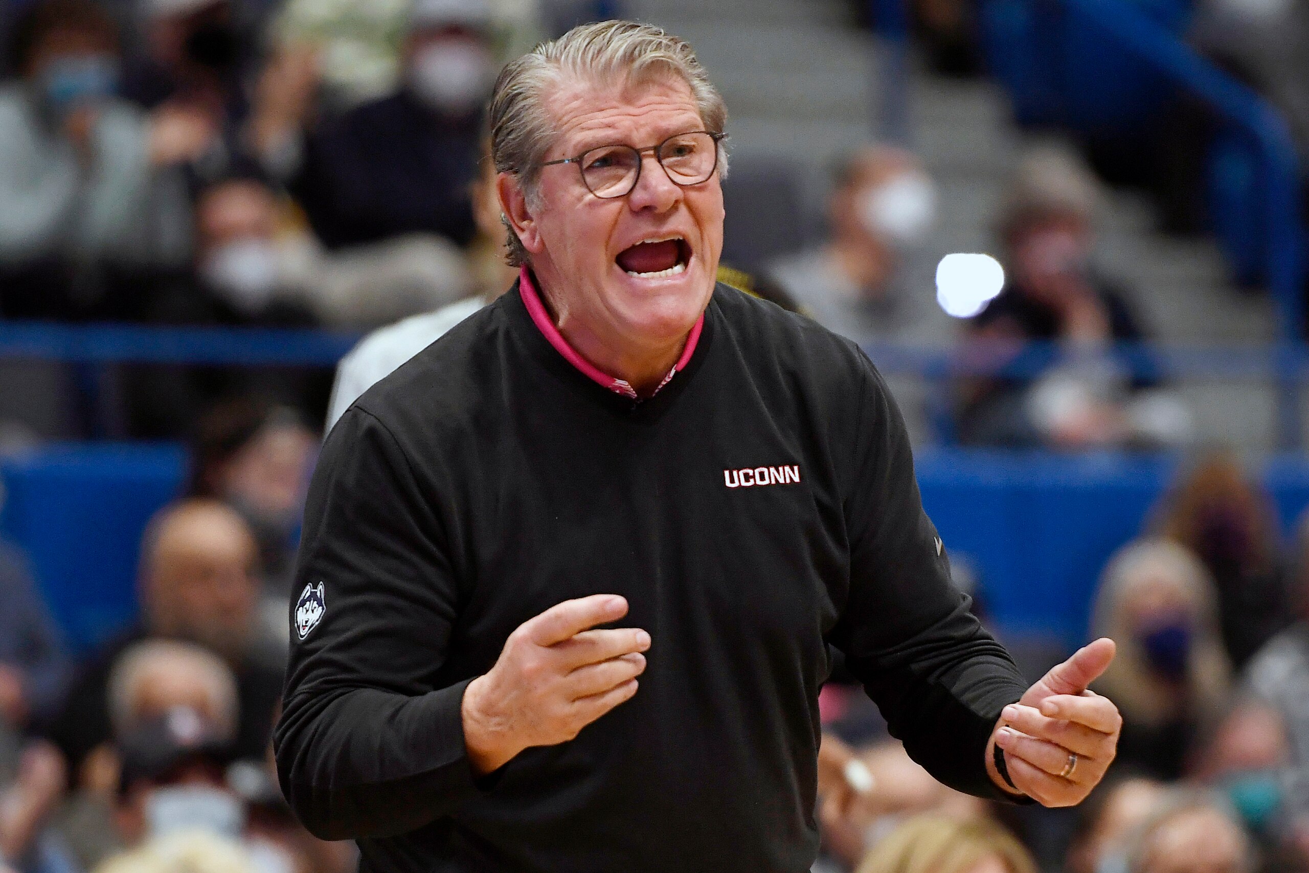 Connecticut head coach Geno Auriemma reacts in the first half of an NCAA college basketball game against Villanova, Wednesday, Feb. 9, 2022, in Hartford, Conn. (AP Photo/Jessica Hill)
