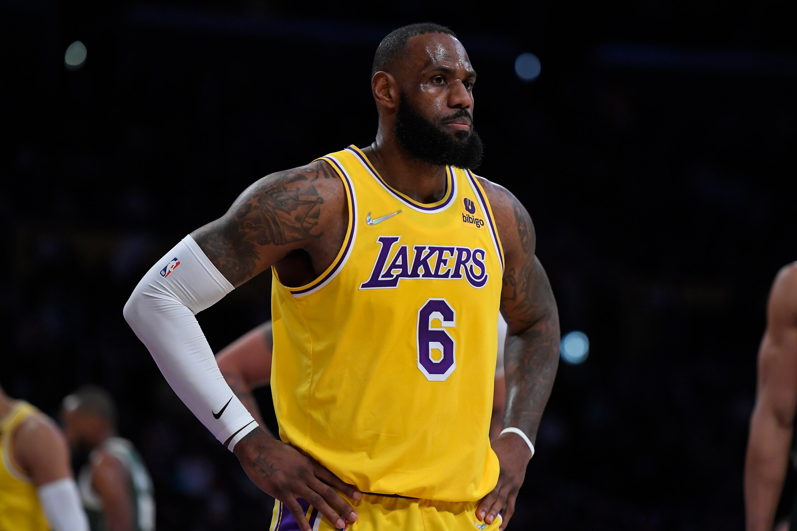 Los Angeles Lakers forward LeBron James (6) while playing the Milwaukee Bucks in an NBA basketball game, Tuesday, Feb. 8, 2022, in Los Angeles. (AP Photo/John McCoy)