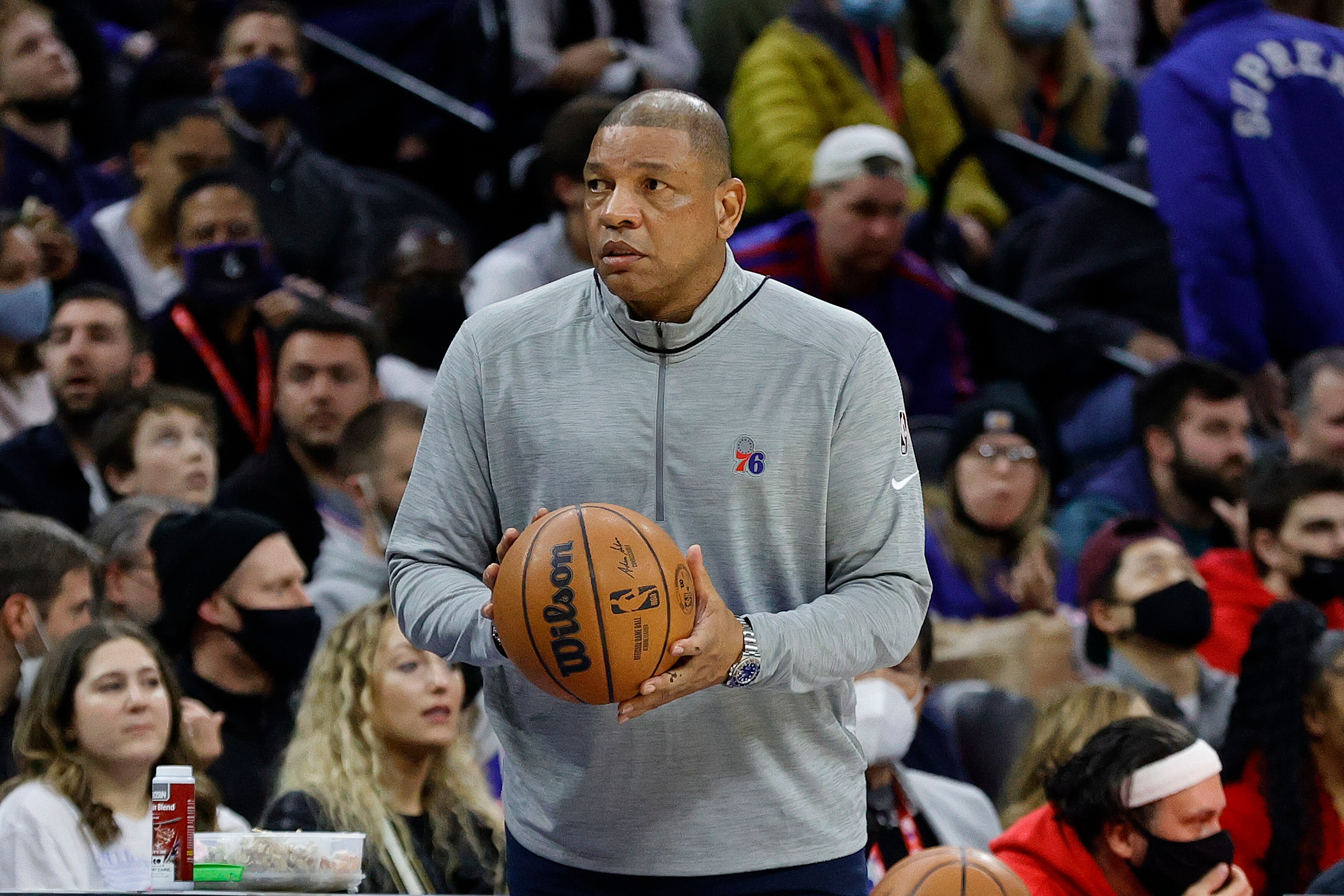 PHILADELPHIA, PENNSYLVANIA - JANUARY 31: Head coach Doc Rivers of the Philadelphia 76ers looks on against the Memphis Grizzlies at Wells Fargo Center on January 31, 2022 in Philadelphia, Pennsylvania. NOTE TO USER: User expressly acknowledges and agrees that, by downloading and or using this photograph, User is consenting to the terms and conditions of the Getty Images License Agreement. (Photo by Tim Nwachukwu/Getty Images)