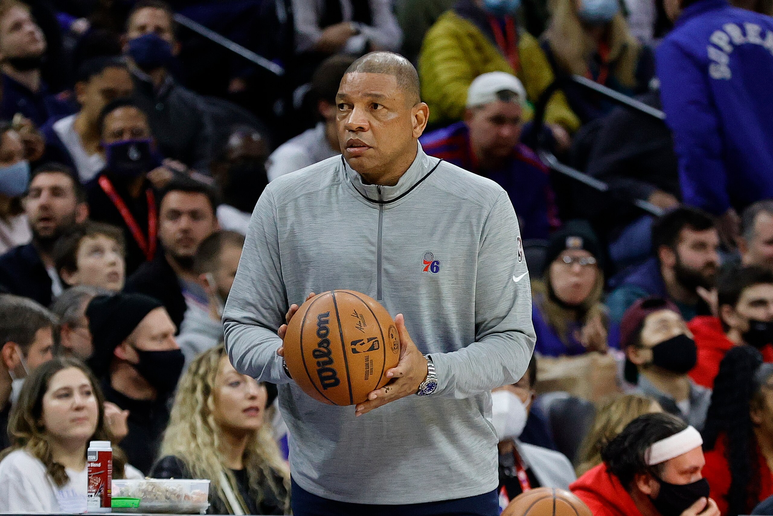 PHILADELPHIA, PENNSYLVANIA - JANUARY 31: Head coach Doc Rivers of the Philadelphia 76ers looks on against the Memphis Grizzlies at Wells Fargo Center on January 31, 2022 in Philadelphia, Pennsylvania. NOTE TO USER: User expressly acknowledges and agrees that, by downloading and or using this photograph, User is consenting to the terms and conditions of the Getty Images License Agreement. (Photo by Tim Nwachukwu/Getty Images) PHILADELPHIA, PENNSYLVANIA - JANUARY 31: Head coach Doc Rivers of the Philadelphia 76ers looks on against the Memphis Grizzlies at Wells Fargo Center on January 31, 2022 in Philadelphia, Pennsylvania. NOTE TO USER: User expressly acknowledges and agrees that, by downloading and or using this photograph, User is consenting to the terms and conditions of the Getty Images License Agreement. (Photo by Tim Nwachukwu/Getty Images)