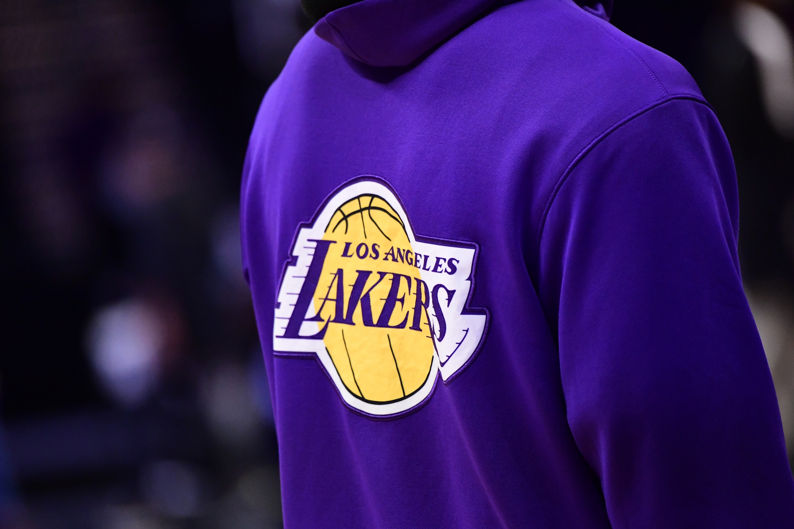 LOS ANGELES, CA - MAY 6: The Los Angeles Lakers logo pictured on a jacket before the game against the LA Clippers on May 6, 2021 at STAPLES Center in Los Angeles, California. NOTE TO USER: User expressly acknowledges and agrees that, by downloading and/or using this Photograph, user is consenting to the terms and conditions of the Getty Images License Agreement. Mandatory Copyright Notice: Copyright 2021 NBAE (Photo by Adam Pantozzi/NBAE via Getty Images)