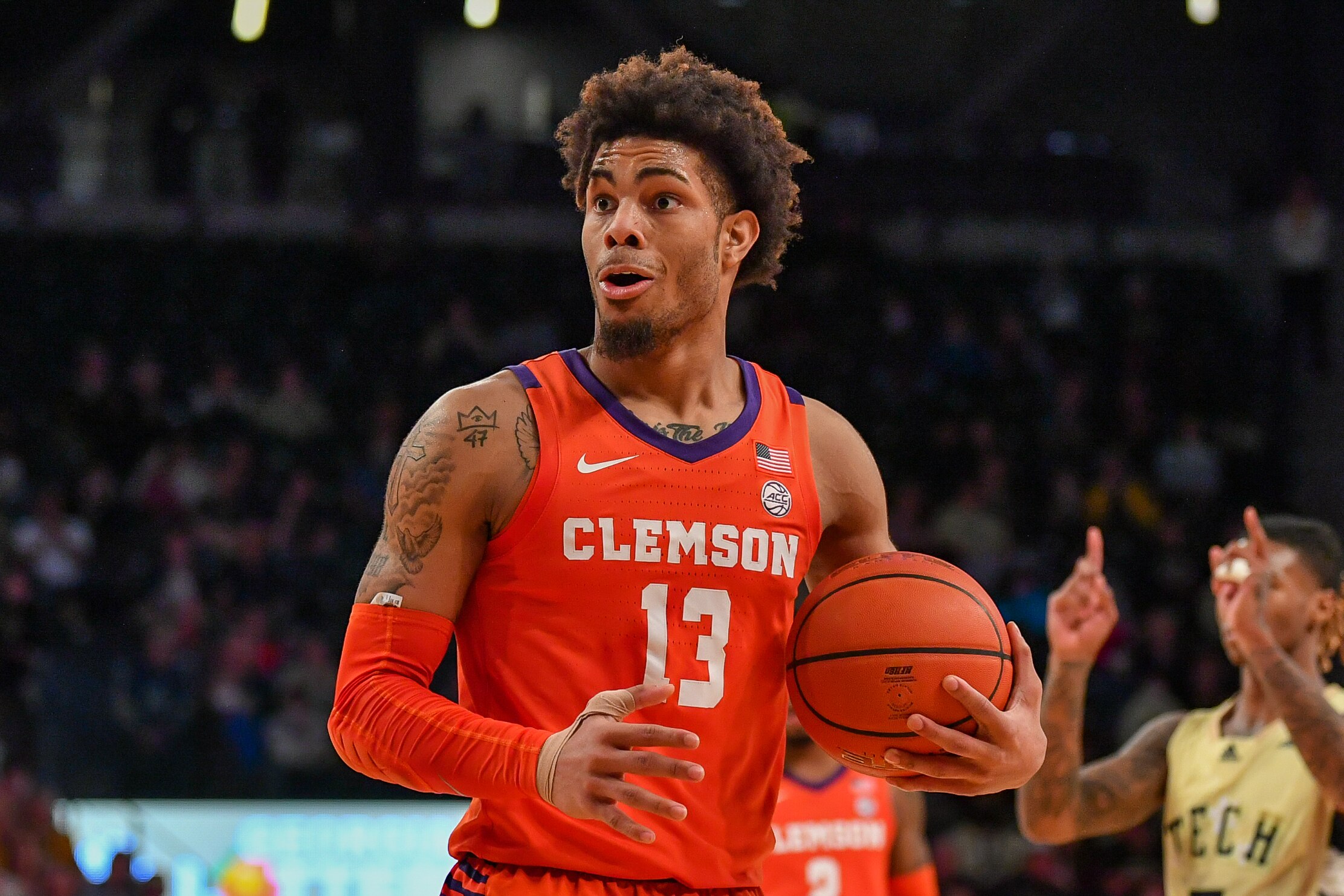 ATLANTA, GA  FEBRUARY 05:  Clemson guard David Collins (13) reacts after being called for a foul during the ACC college basketball game between the Clemson Tigers and the Georgia Tech Yellow Jackets on February 5th, 2022 at Hank McCamish Pavilion in Atlanta, GA.  (Photo by Rich von Biberstein/Icon Sportswire via Getty Images)