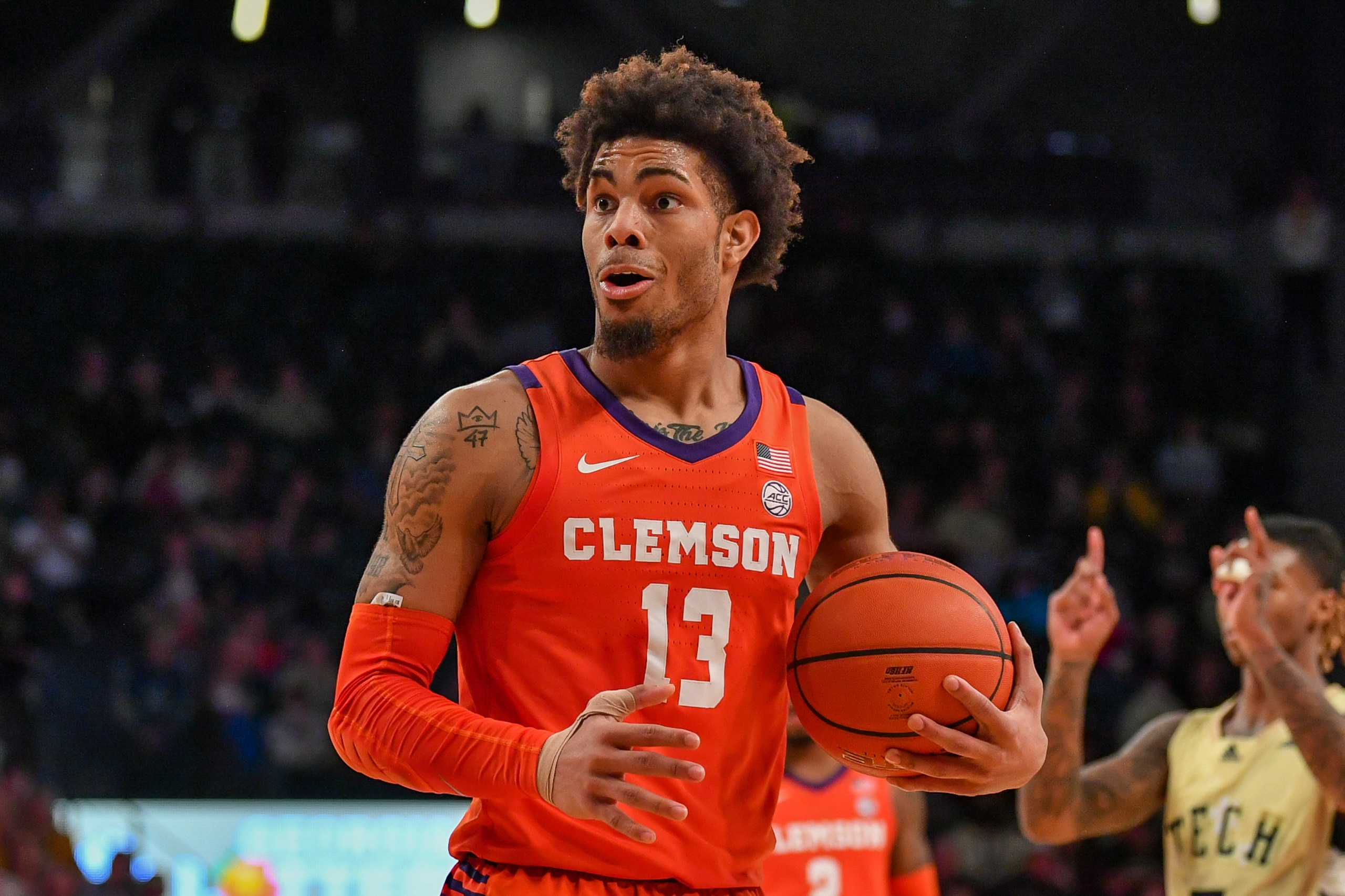 ATLANTA, GA  FEBRUARY 05:  Clemson guard David Collins (13) reacts after being called for a foul during the ACC college basketball game between the Clemson Tigers and the Georgia Tech Yellow Jackets on February 5th, 2022 at Hank McCamish Pavilion in Atlanta, GA.  (Photo by Rich von Biberstein/Icon Sportswire via Getty Images)