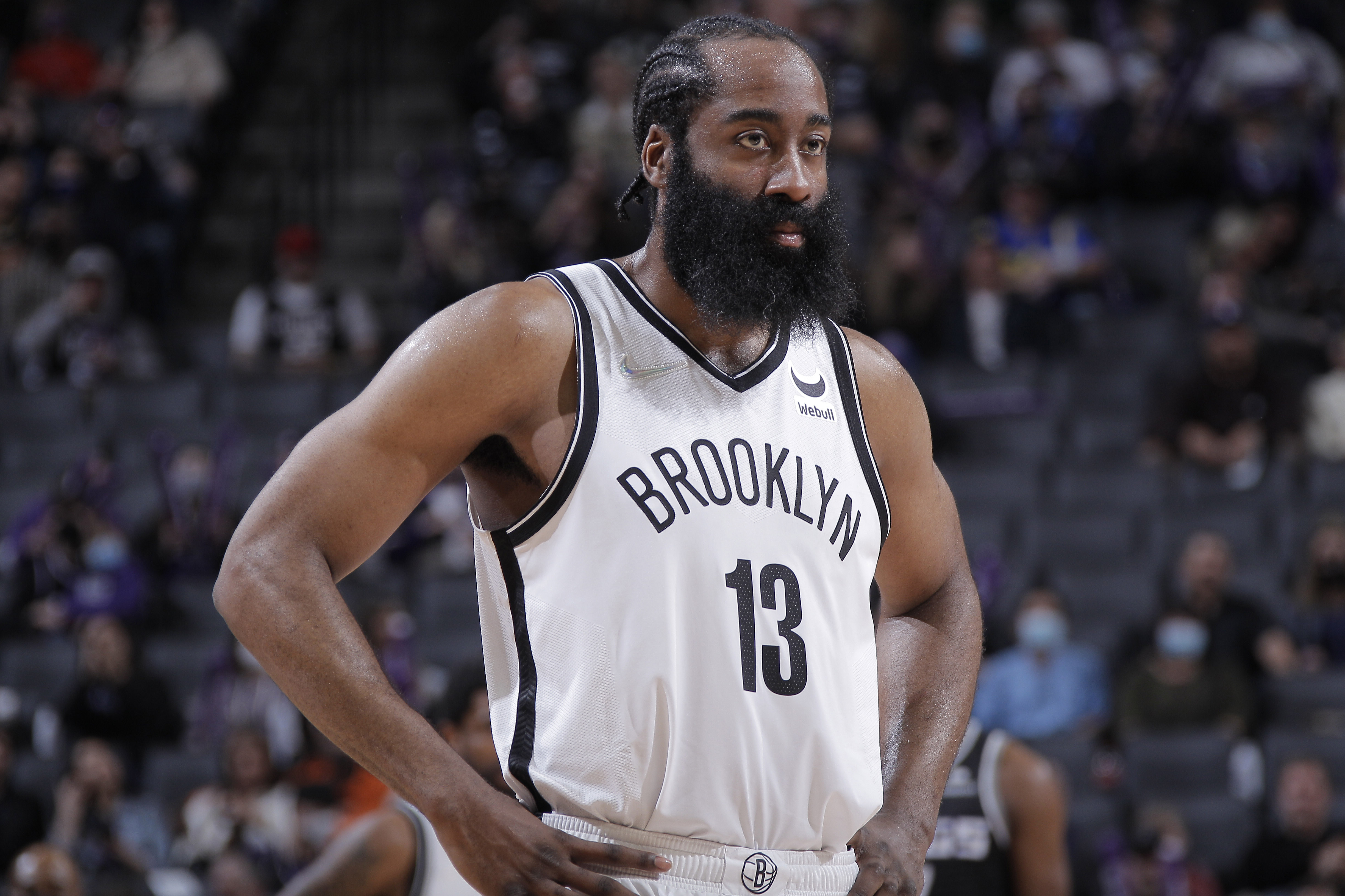 SACRAMENTO, CA - FEBRUARY 2: James Harden #13 of the Brooklyn Nets looks on during the game against the Sacramento Kings on February 2, 2022 at Golden 1 Center in Sacramento, California. NOTE TO USER: User expressly acknowledges and agrees that, by downloading and or using this photograph, User is consenting to the terms and conditions of the Getty Images Agreement. Mandatory Copyright Notice: Copyright 2022 NBAE (Photo by Rocky Widner/NBAE via Getty Images)