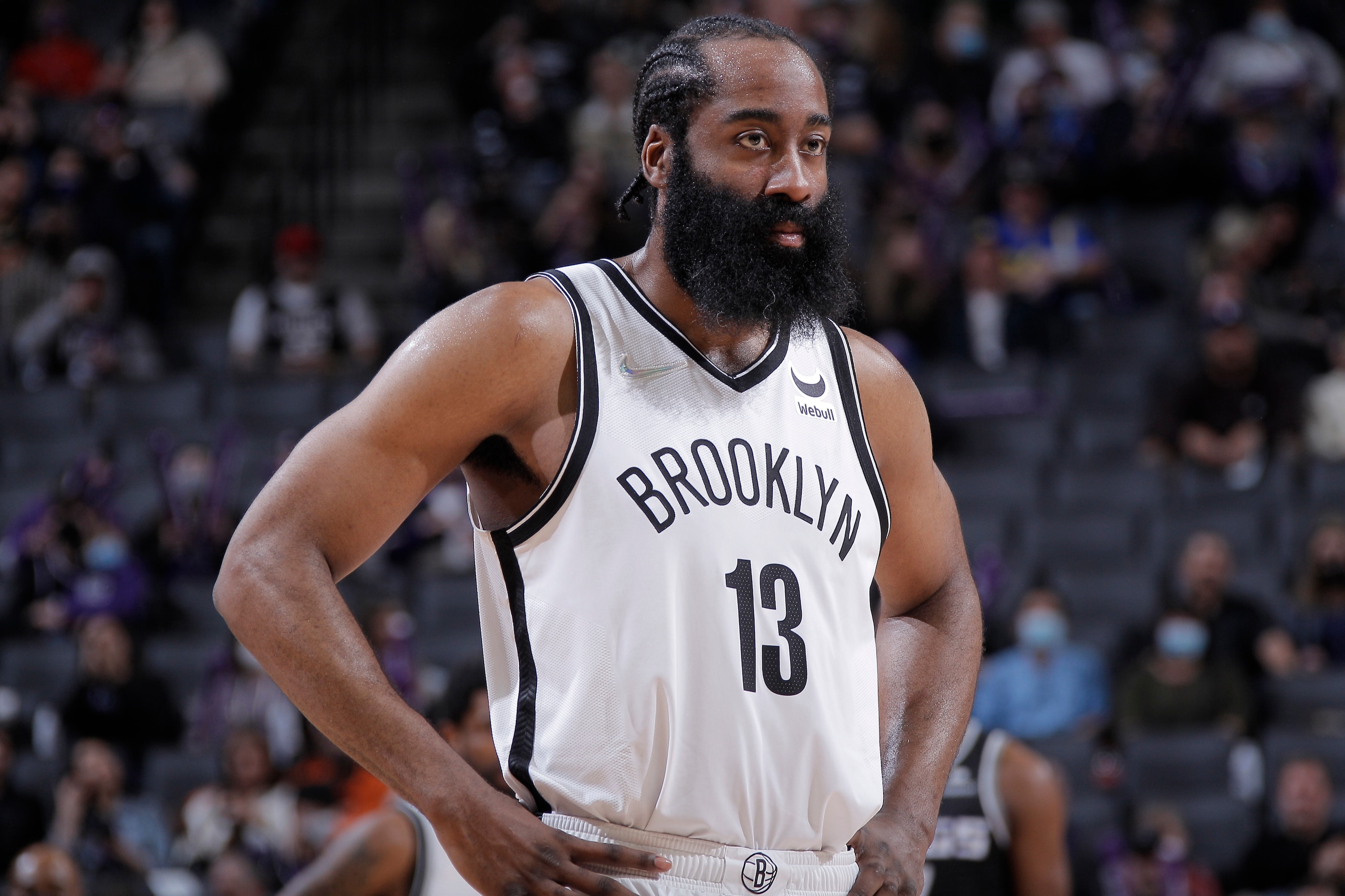 SACRAMENTO, CA - FEBRUARY 2: James Harden #13 of the Brooklyn Nets looks on during the game against the Sacramento Kings on February 2, 2022 at Golden 1 Center in Sacramento, California. NOTE TO USER: User expressly acknowledges and agrees that, by downloading and or using this photograph, User is consenting to the terms and conditions of the Getty Images Agreement. Mandatory Copyright Notice: Copyright 2022 NBAE (Photo by Rocky Widner/NBAE via Getty Images)