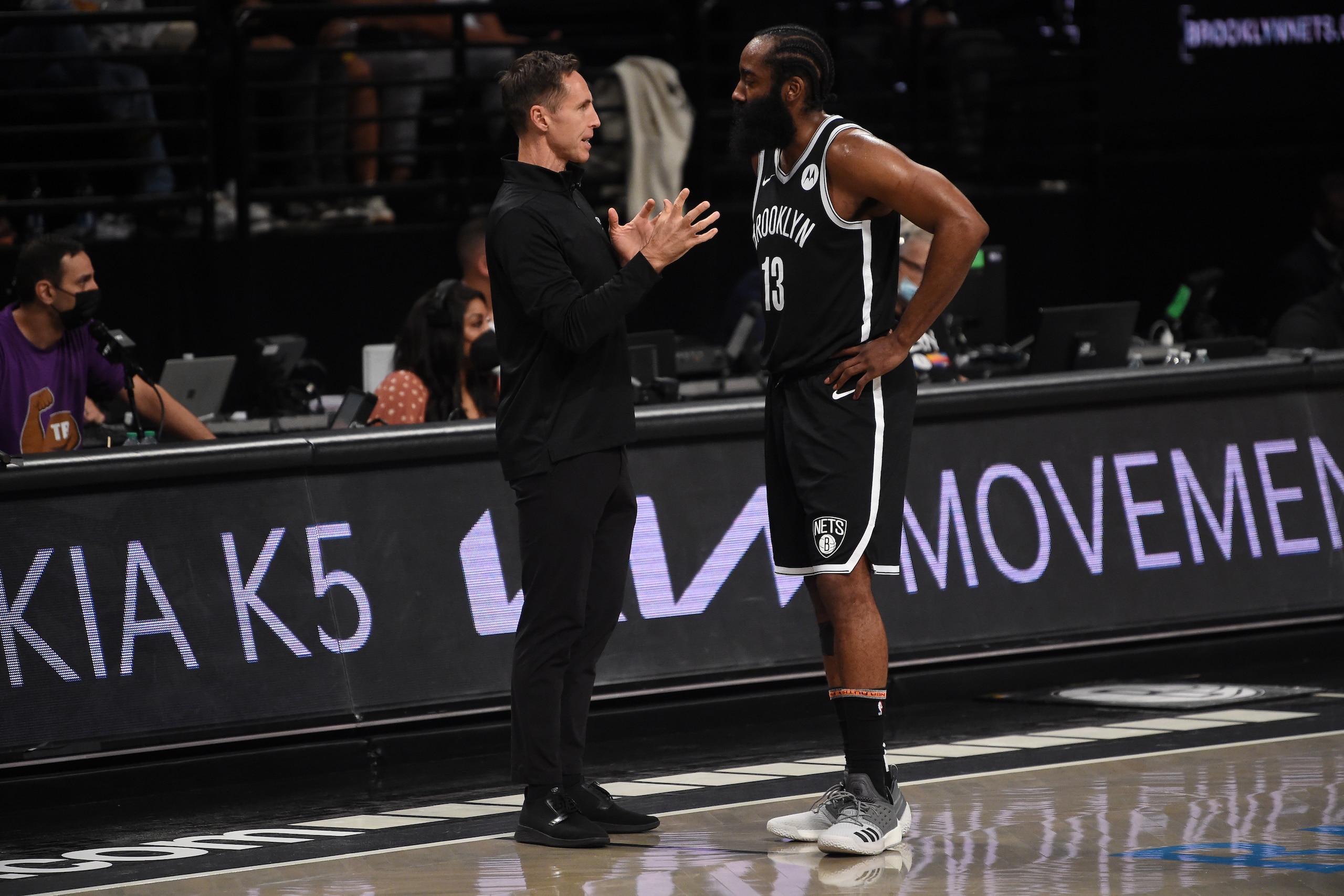 BROOKLYN, NY - JUNE 19: Head Coach Steve Nash and James Harden #13 of the Brooklyn Nets talk during Round 2, Game 7 on June 19, 2021 at Barclays Center in Brooklyn, New York. NOTE TO USER: User expressly acknowledges and agrees that, by downloading and/or using this Photograph, user is consenting to the terms and conditions of the Getty Images License Agreement. Mandatory Copyright Notice: Copyright 2021 NBAE (Photo by David Dow/NBAE via Getty Images)