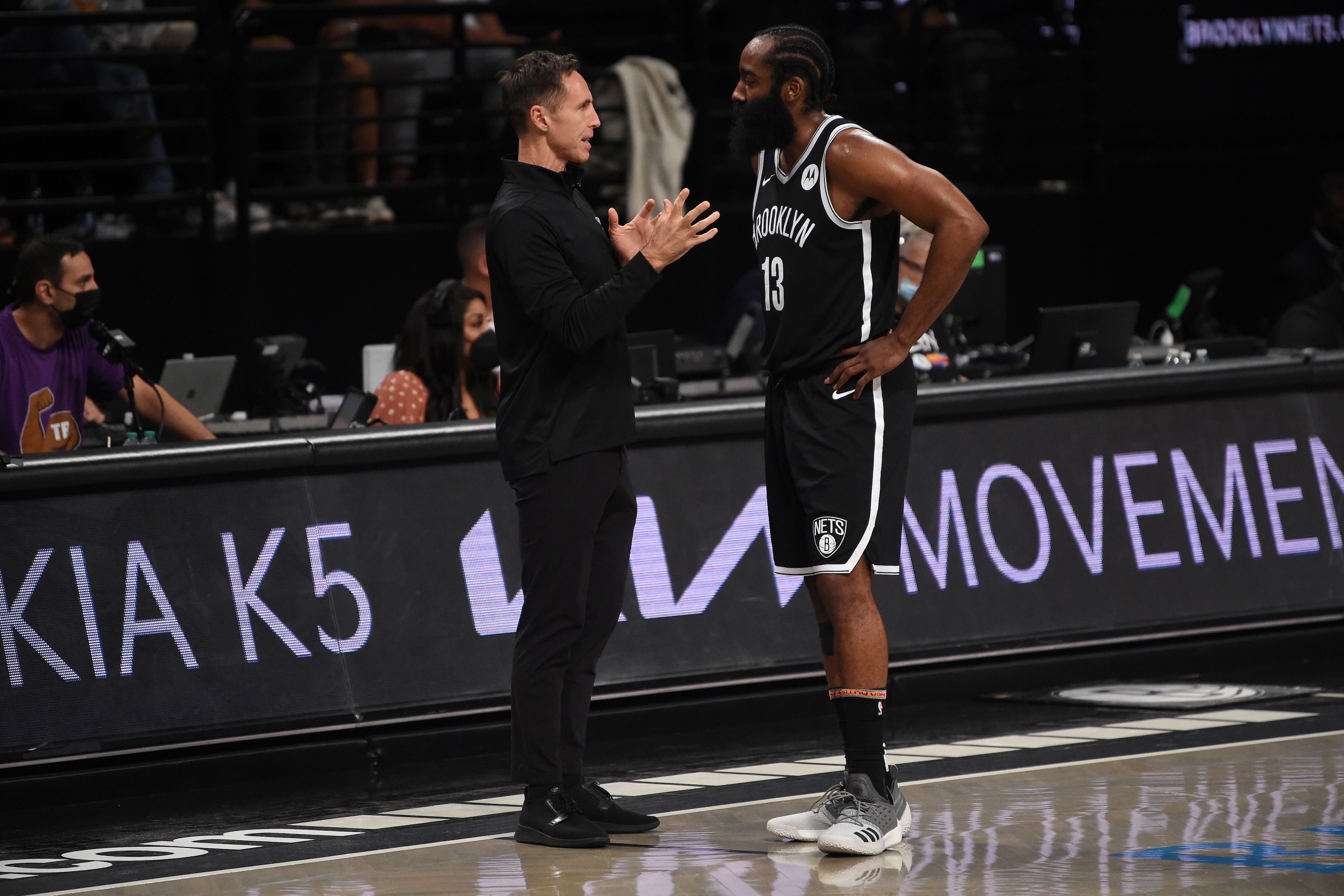BROOKLYN, NY - JUNE 19: Head Coach Steve Nash and James Harden #13 of the Brooklyn Nets talk during Round 2, Game 7 on June 19, 2021 at Barclays Center in Brooklyn, New York. NOTE TO USER: User expressly acknowledges and agrees that, by downloading and/or using this Photograph, user is consenting to the terms and conditions of the Getty Images License Agreement. Mandatory Copyright Notice: Copyright 2021 NBAE (Photo by David Dow/NBAE via Getty Images)