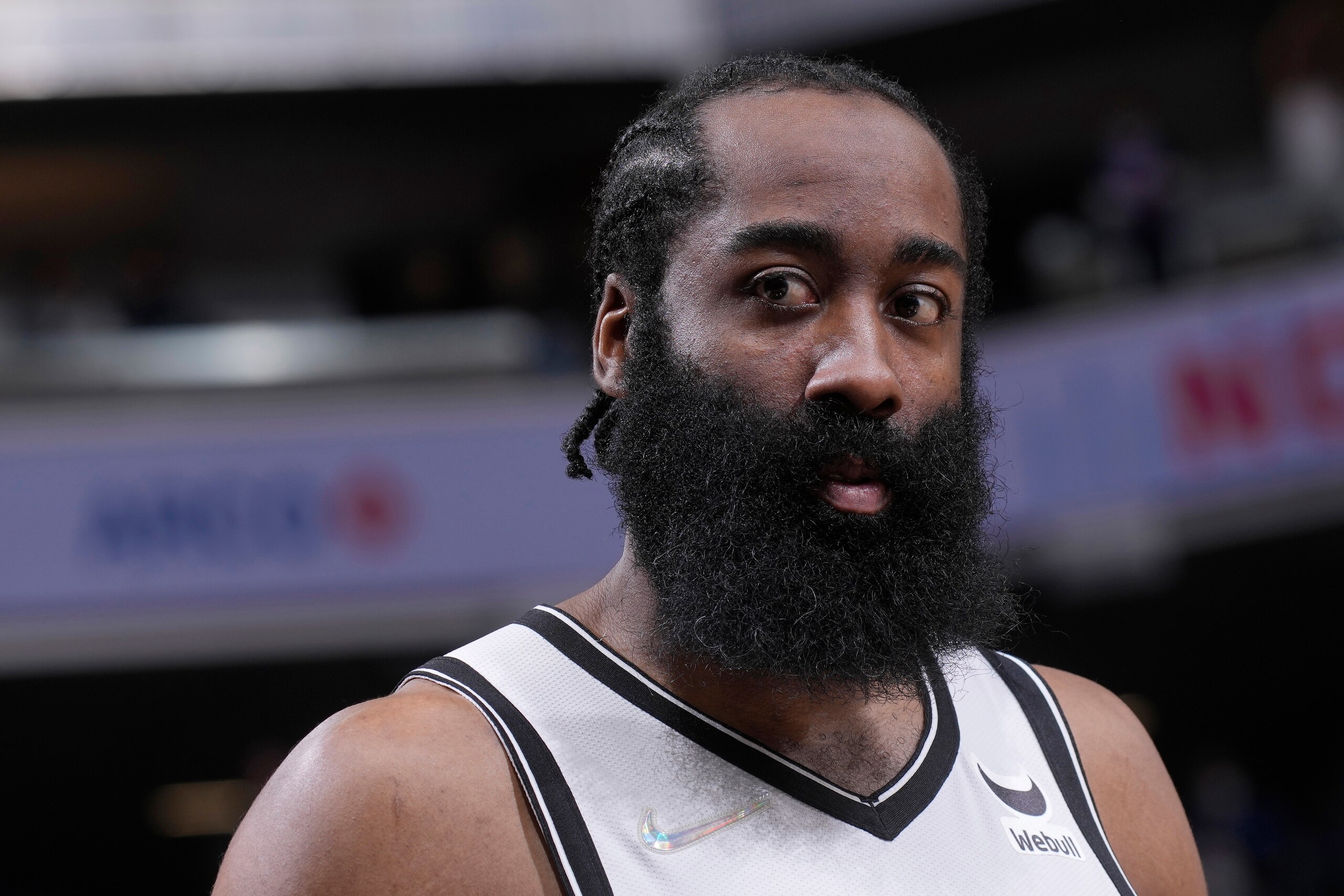 SACRAMENTO, CA - FEBRUARY 2: James Harden #13 of the Brooklyn Nets looks on during the game against the Sacramento Kings on February 2, 2022 at Golden 1 Center in Sacramento, California. NOTE TO USER: User expressly acknowledges and agrees that, by downloading and or using this photograph, User is consenting to the terms and conditions of the Getty Images Agreement. Mandatory Copyright Notice: Copyright 2022 NBAE (Photo by Rocky Widner/NBAE via Getty Images)