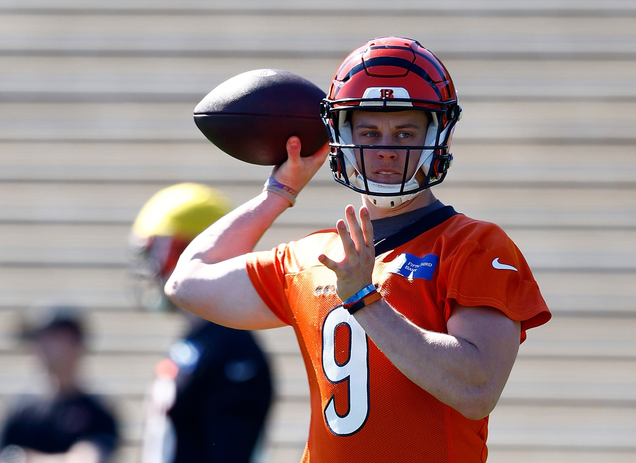 LOS ANGELES, CALIFORNIA - FEBRUARY 10:  Joe Burrow #9 of the Cincinnati Bengals throws during practice in preparation for Super Bowl LVI at UCLA's Drake Stadium on February 10, 2022 in Los Angeles, California.  The Bengals will play against the Los Angeles Rams in Super Bowl LVI on February 13. (Photo by Ronald Martinez/Getty Images)