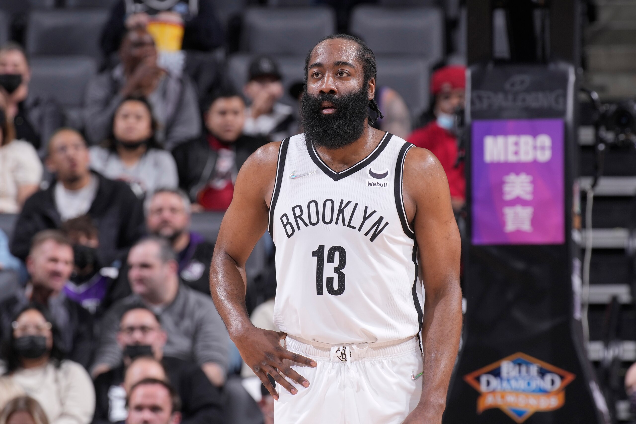 SACRAMENTO, CA - FEBRUARY 2: James Harden #13 of the Brooklyn Nets looks on during the game against the Sacramento Kings on February 2, 2022 at Golden 1 Center in Sacramento, California. NOTE TO USER: User expressly acknowledges and agrees that, by downloading and or using this photograph, User is consenting to the terms and conditions of the Getty Images Agreement. Mandatory Copyright Notice: Copyright 2022 NBAE (Photo by Rocky Widner/NBAE via Getty Images)