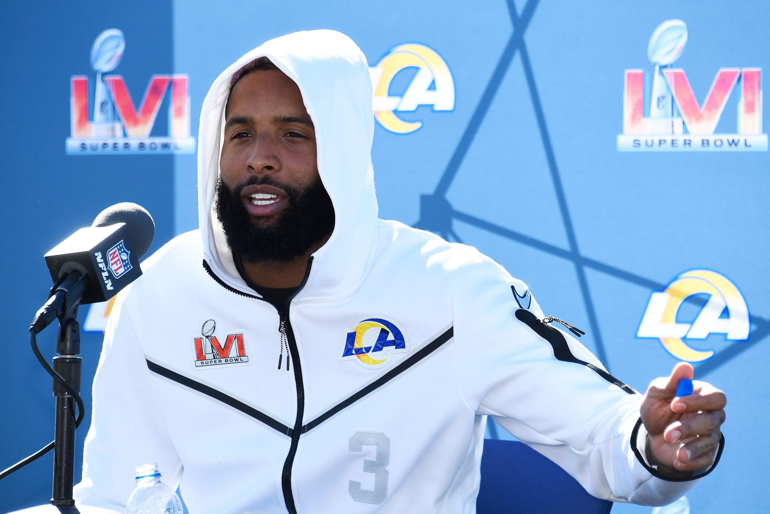 THOUSAND OAKS, CALIFORNIA - FEBRUARY 11: Odell Beckham Jr. #3 of the Los Angeles Rams speaks to the media during a practice for Super Bowl LVI at at California Lutheran University on February 11, 2022 in Thousand Oaks, California. (Photo by Kevork Djansezian/Getty Images)