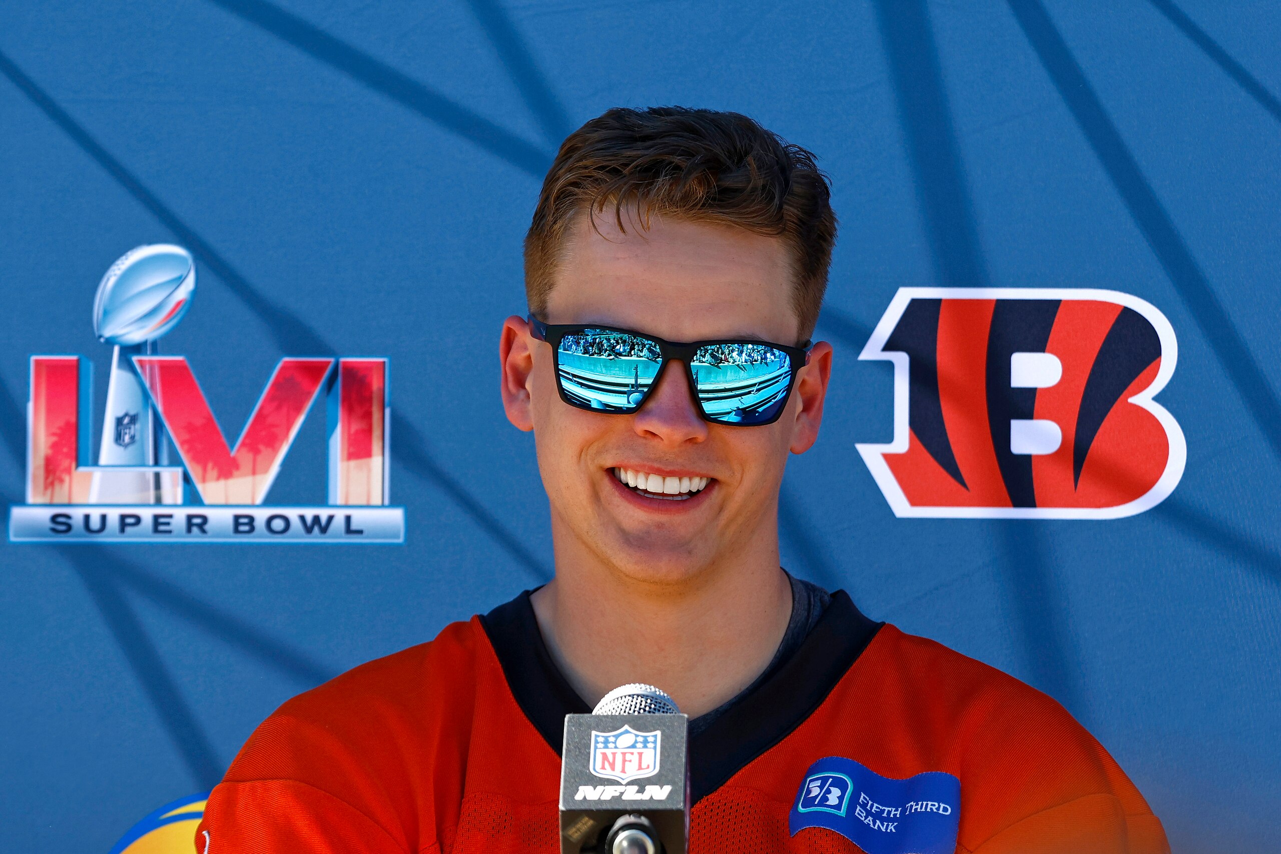LOS ANGELES, CALIFORNIA - FEBRUARY 11: Joe Burrow #9 of the Cincinnati Bengals speaks to the media during a practice for Super Bowl LVI at UCLA's Drake Stadium on February 11, 2022 in Los Angeles, California. (Photo by Ronald Martinez/Getty Images)
