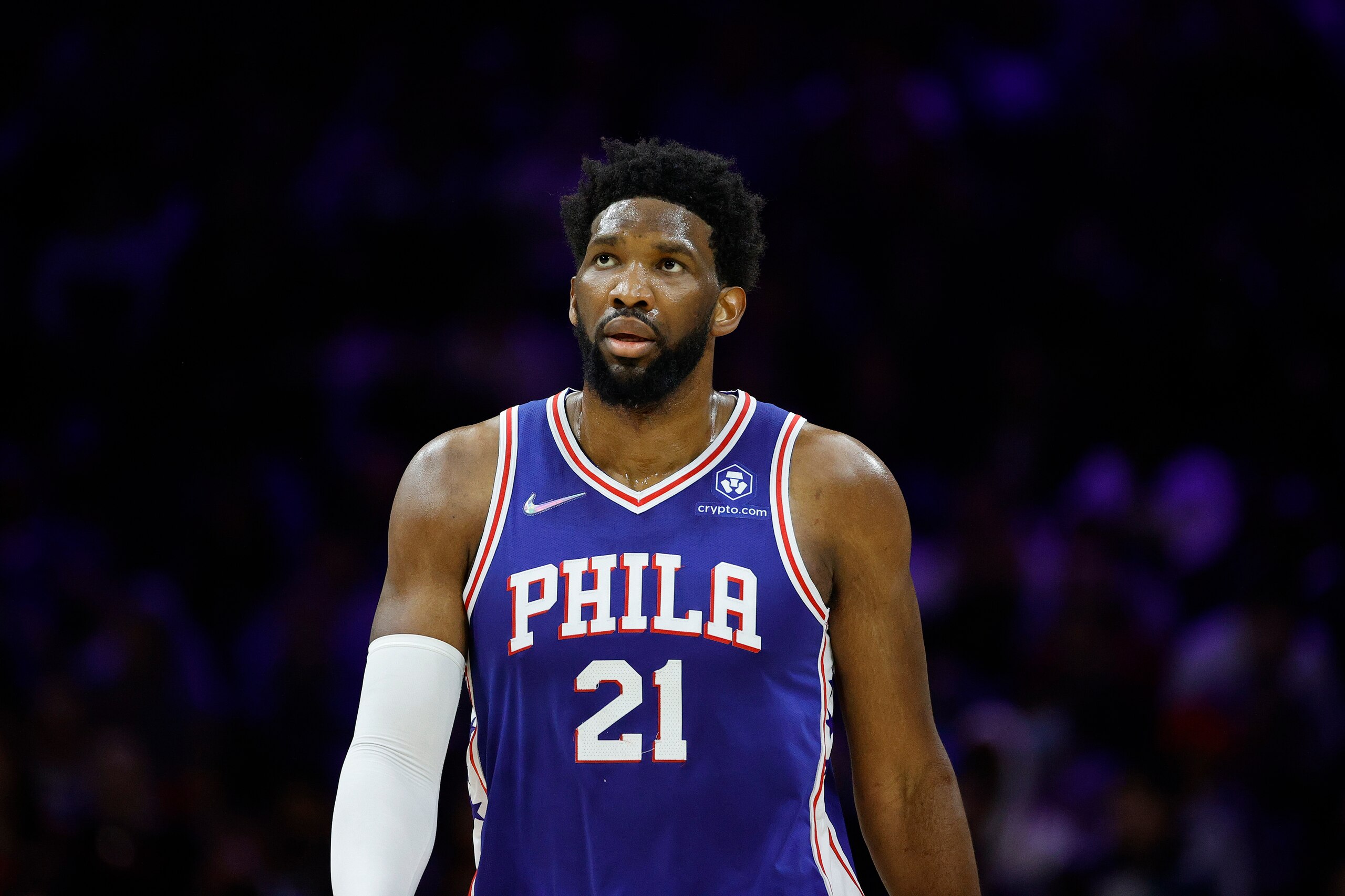 PHILADELPHIA, PENNSYLVANIA - FEBRUARY 11: Joel Embiid #21 of the Philadelphia 76ers looks on during the third quarter against the Oklahoma City Thunder at Wells Fargo Center on February 11, 2022 in Philadelphia, Pennsylvania. NOTE TO USER: User expressly acknowledges and agrees that, by downloading and or using this photograph, User is consenting to the terms and conditions of the Getty Images License Agreement. (Photo by Tim Nwachukwu/Getty Images)