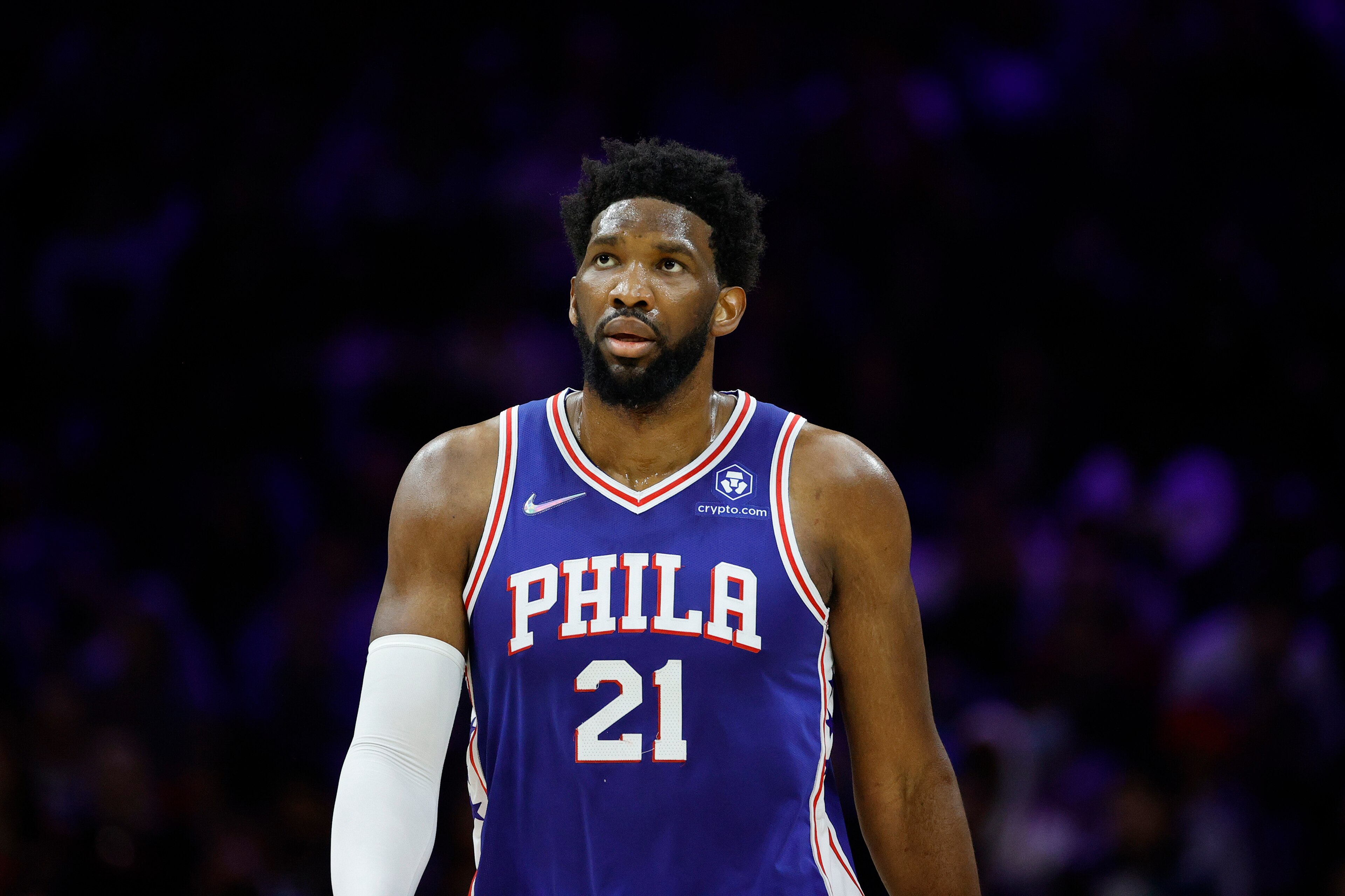 PHILADELPHIA, PENNSYLVANIA - FEBRUARY 11: Joel Embiid #21 of the Philadelphia 76ers looks on during the third quarter against the Oklahoma City Thunder at Wells Fargo Center on February 11, 2022 in Philadelphia, Pennsylvania. NOTE TO USER: User expressly acknowledges and agrees that, by downloading and or using this photograph, User is consenting to the terms and conditions of the Getty Images License Agreement. (Photo by Tim Nwachukwu/Getty Images) PHILADELPHIA, PENNSYLVANIA - FEBRUARY 11: Joel Embiid #21 of the Philadelphia 76ers looks on during the third quarter against the Oklahoma City Thunder at Wells Fargo Center on February 11, 2022 in Philadelphia, Pennsylvania. NOTE TO USER: User expressly acknowledges and agrees that, by downloading and or using this photograph, User is consenting to the terms and conditions of the Getty Images License Agreement. (Photo by Tim Nwachukwu/Getty Images)