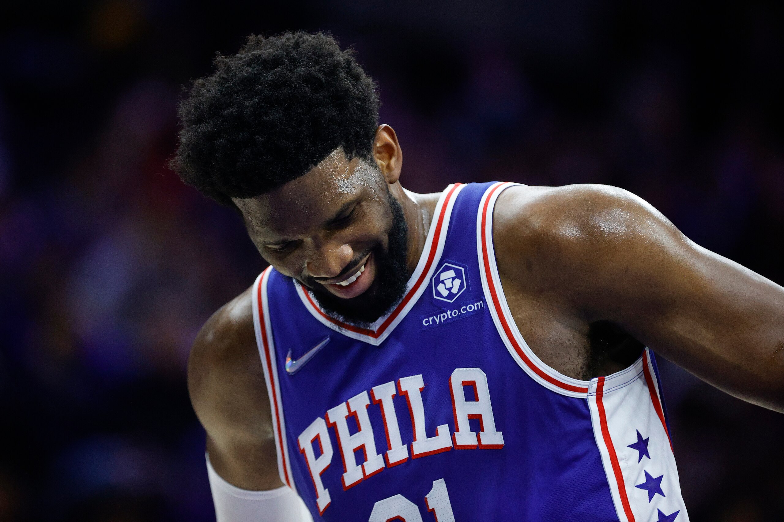 PHILADELPHIA, PENNSYLVANIA - FEBRUARY 11: Joel Embiid #21 of the Philadelphia 76ers reacts during the third quarter against the Oklahoma City Thunder at Wells Fargo Center on February 11, 2022 in Philadelphia, Pennsylvania. NOTE TO USER: User expressly acknowledges and agrees that, by downloading and or using this photograph, User is consenting to the terms and conditions of the Getty Images License Agreement. (Photo by Tim Nwachukwu/Getty Images)