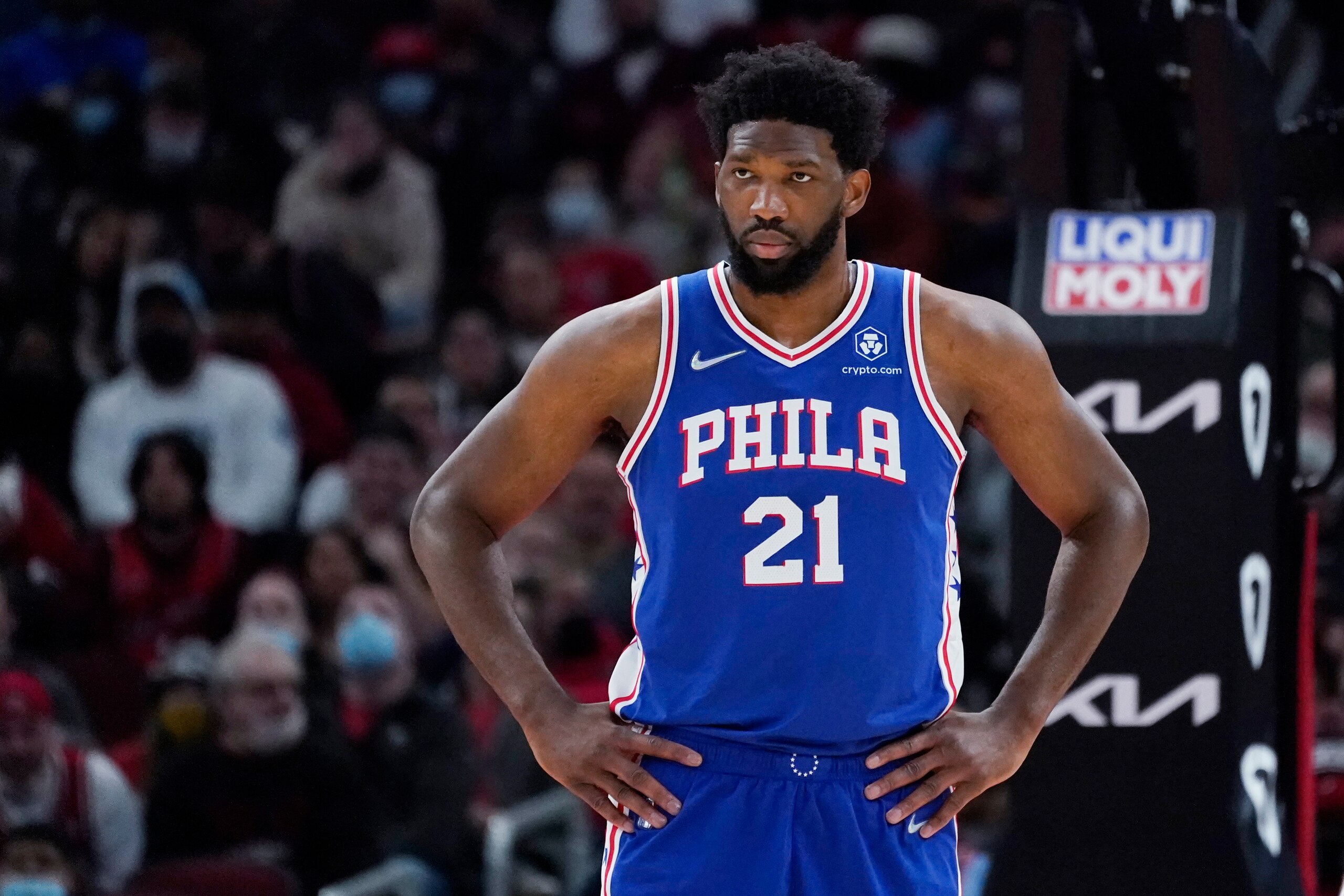 Philadelphia 76ers center Joel Embiid looks to the bench during the first half of an NBA basketball game against the Chicago Bulls in Chicago, Sunday, Feb. 6, 2022. (AP Photo/Nam Y. Huh)