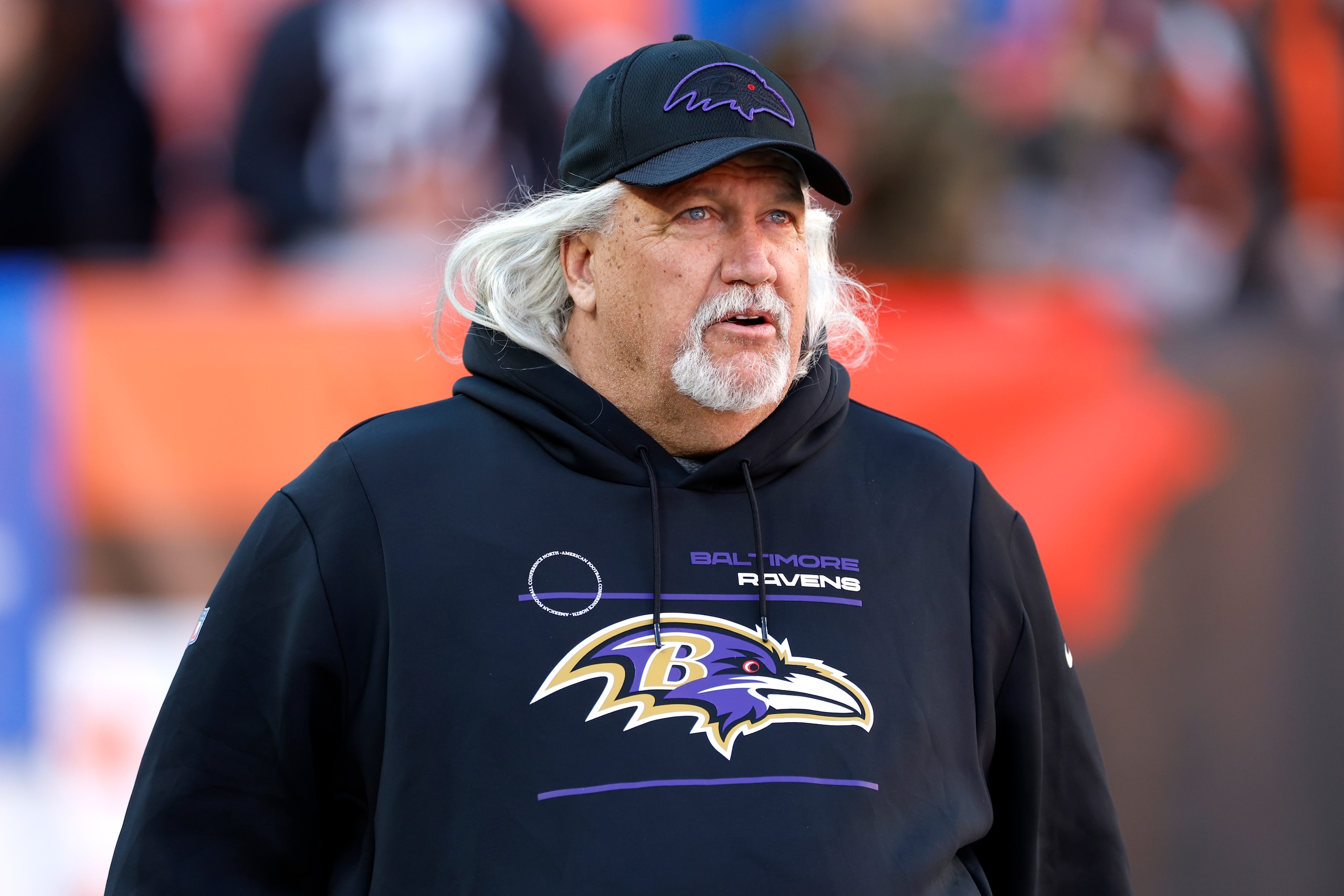 Baltimore Ravens inside linebackers coach Rob Ryan walks out to the field before an NFL football game against the Cleveland Browns, Sunday, Dec. 12, 2021, in Cleveland. (AP Photo/Ron Schwane)