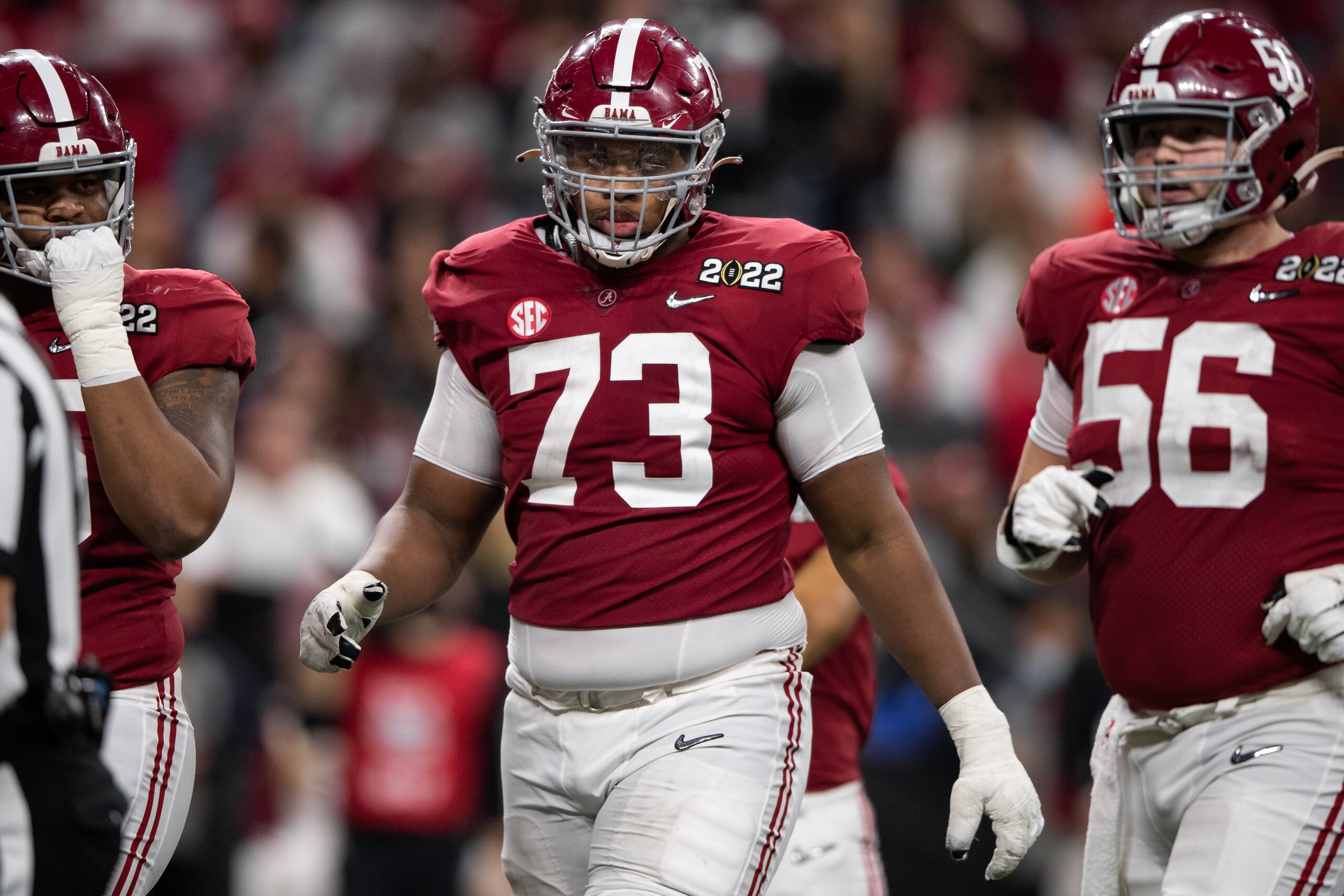 INDIANAPOLIS, IN - JANUARY 10: Alabama Crimson Tide OL Evan Neal (73) walks down the field during the Alabama Crimson Tide versus the Georgia Bulldogs in the College Football Playoff National Championship, on January 10, 2022, at Lucas Oil Stadium in Indianapolis, IN. (Photo by Zach Bolinger/Icon Sportswire via Getty Images)