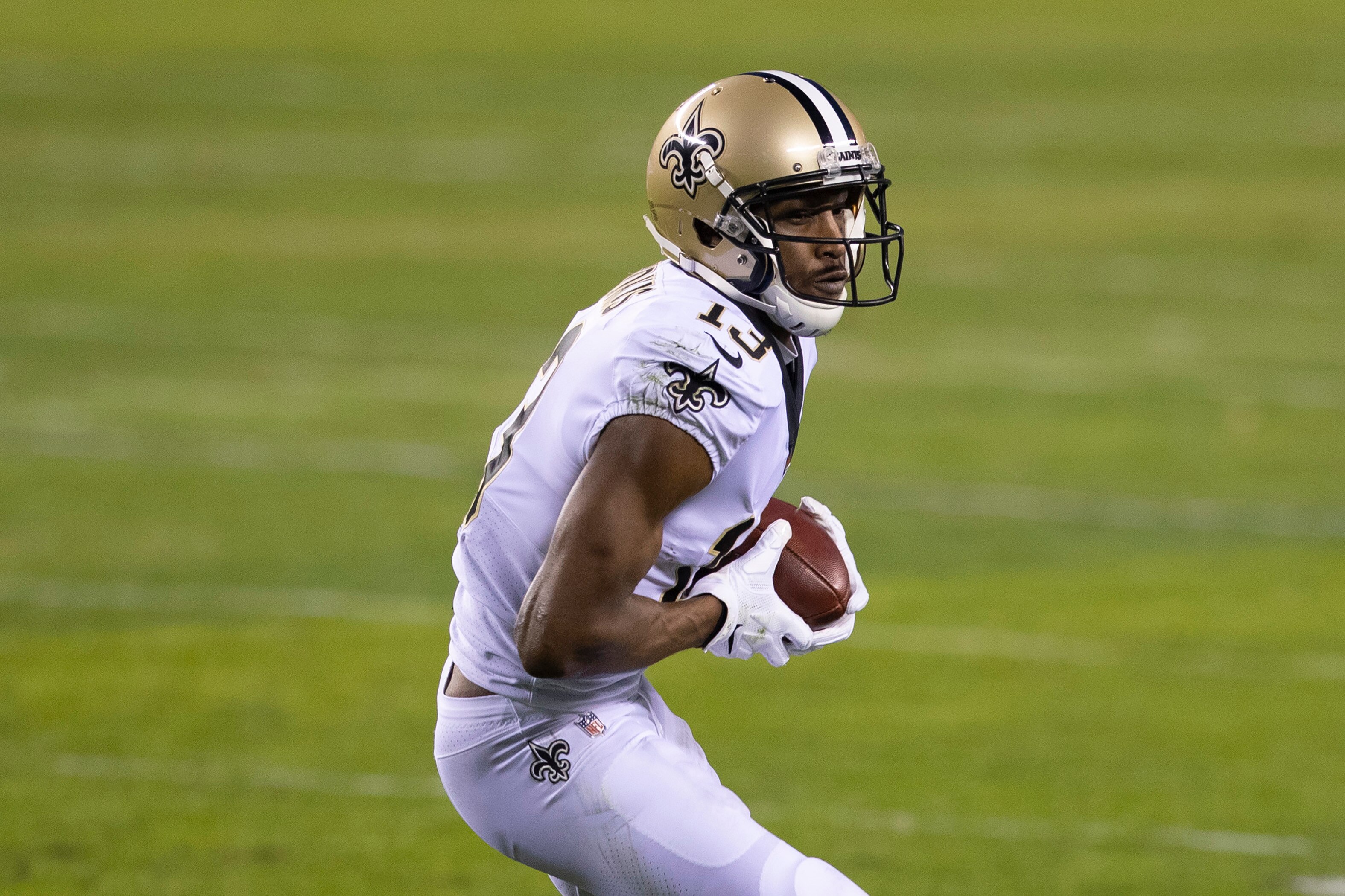 PHILADELPHIA, PA - DECEMBER 13: Michael Thomas #13 of the New Orleans Saints catches a pass against the Philadelphia Eagles at Lincoln Financial Field on December 13, 2020 in Philadelphia, Pennsylvania. (Photo by Mitchell Leff/Getty Images)