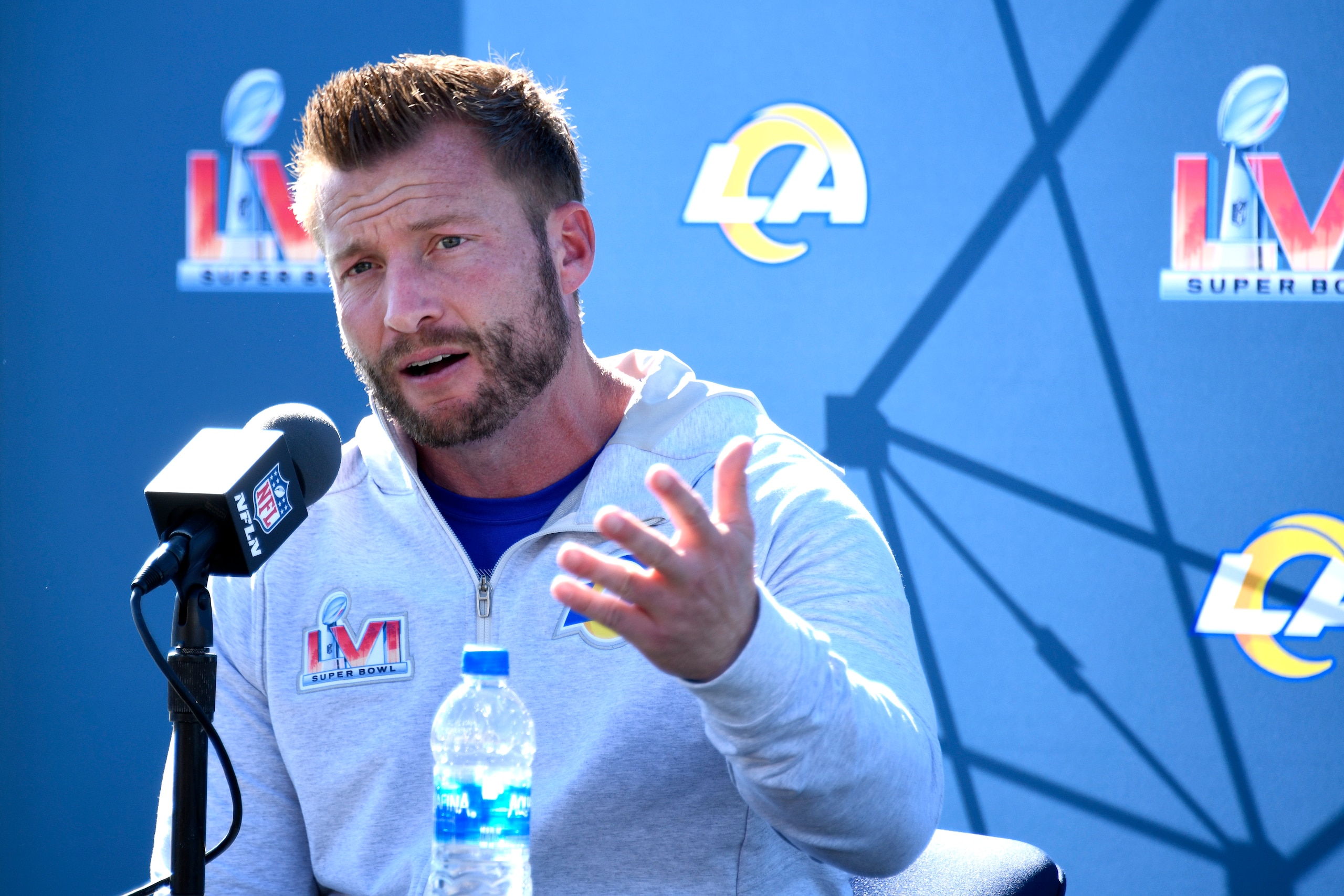 THOUSAND OAKS, CALIFORNIA - FEBRUARY 11: Head coach Sean McVay of the Los Angeles Rams speaks to the media during a practice for Super Bowl LVI at at California Lutheran University on February 11, 2022 in Thousand Oaks, California. (Photo by Kevork Djansezian/Getty Images)
