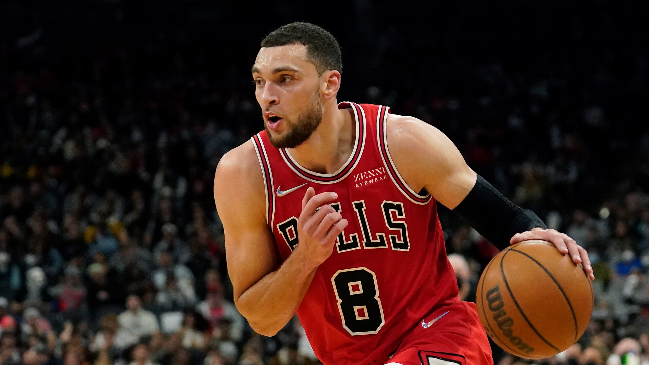 Chicago Bulls guard Zach LaVine (8) during the second half of an NBA basketball game against the San Antonio Spurs, Friday, Jan. 28, 2022, in San Antonio. (AP Photo/Eric Gay)