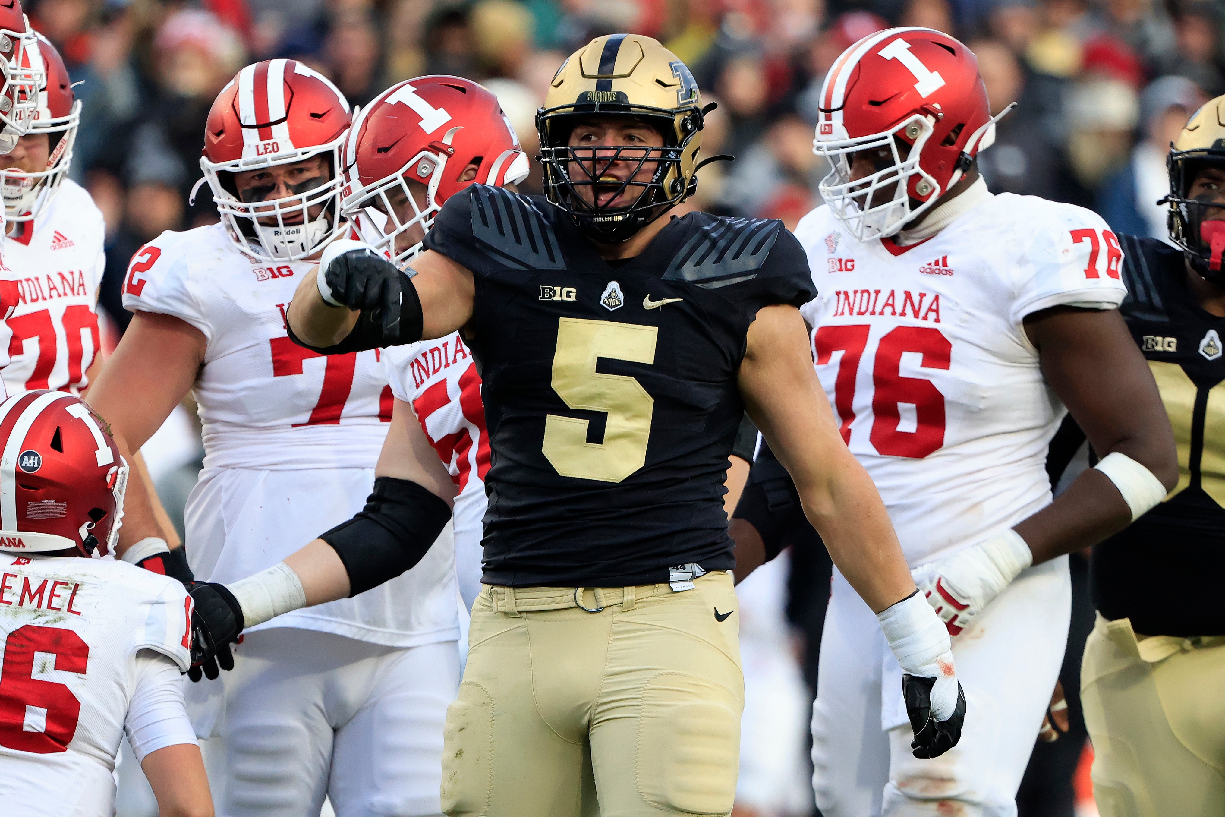 WEST LAFAYETTE, INDIANA - NOVEMBER 27: George Karlaftis #5 of the Purdue Boilermakers reacts after a play during the second quarter in the game against the Indiana Hoosiers at Ross-Ade Stadium on November 27, 2021 in West Lafayette, Indiana. (Photo by Justin Casterline/Getty Images)