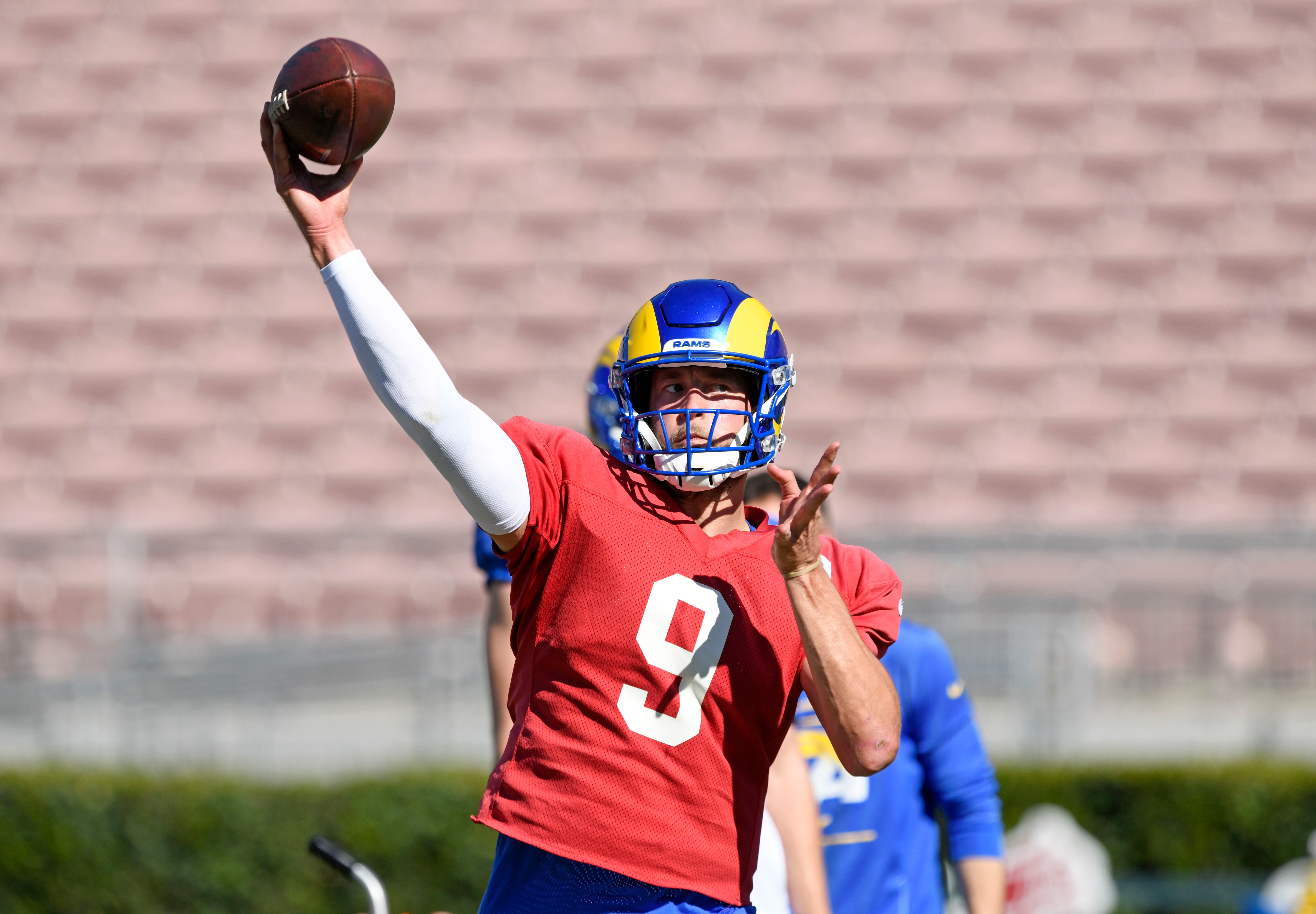 PASADENA, CA - FEBRUARY 10: Quarterback Matthew Stafford #9 of the Los Angeles Rams throws during practice in preparation for Super Bowl LVI at the Rose Bowl on February 10, 2022 in Pasadena, California.The Rams play against the Cincinnati Bengals on Sunday. (Photo by Kevork Djansezian/Getty Images)