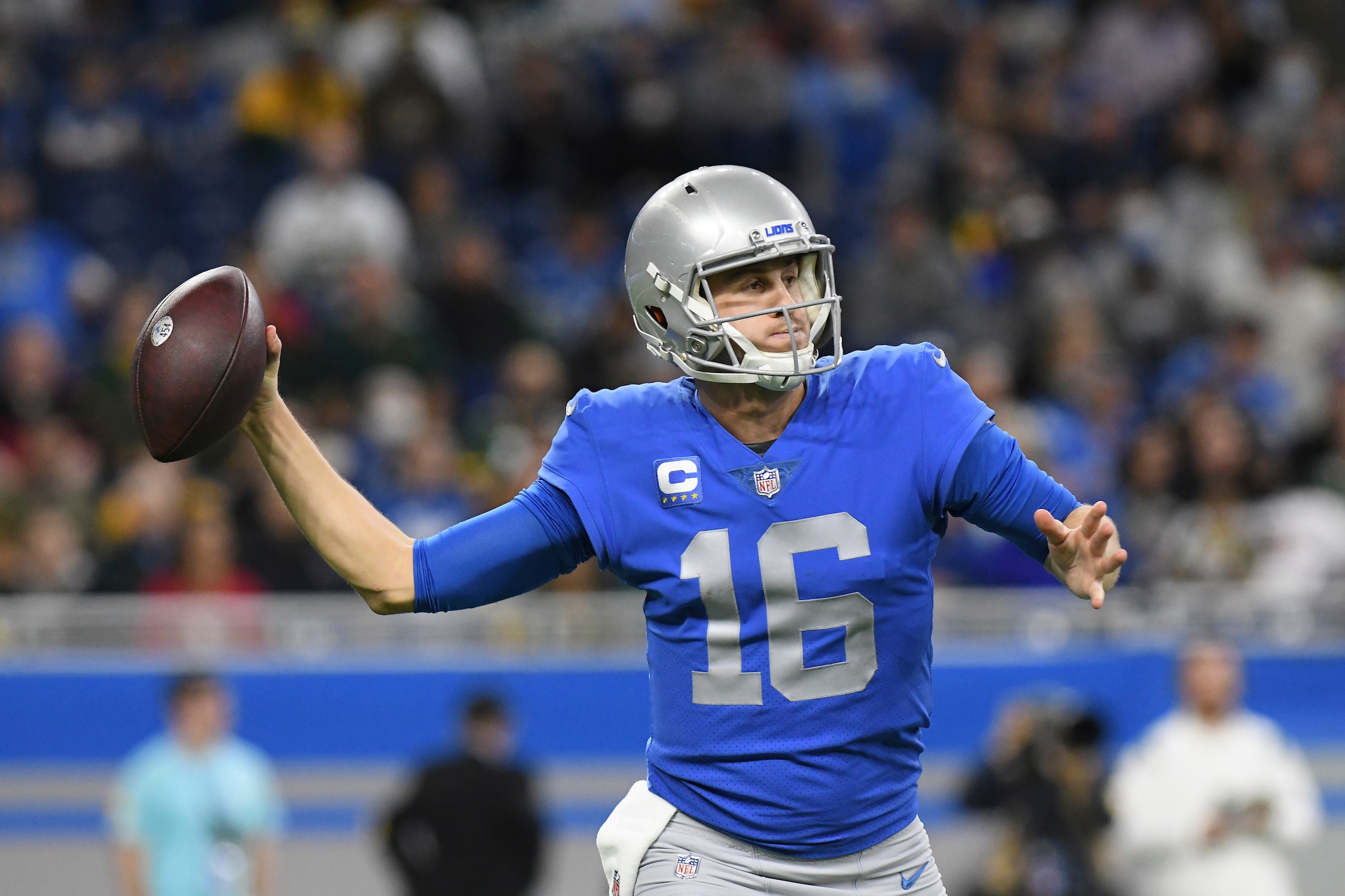 Detroit Lions quarterback Jared Goff throws during the second half of an NFL football game against the Green Bay Packers, Sunday, Jan. 9, 2022, in Detroit. (AP Photo/Lon Horwedel)