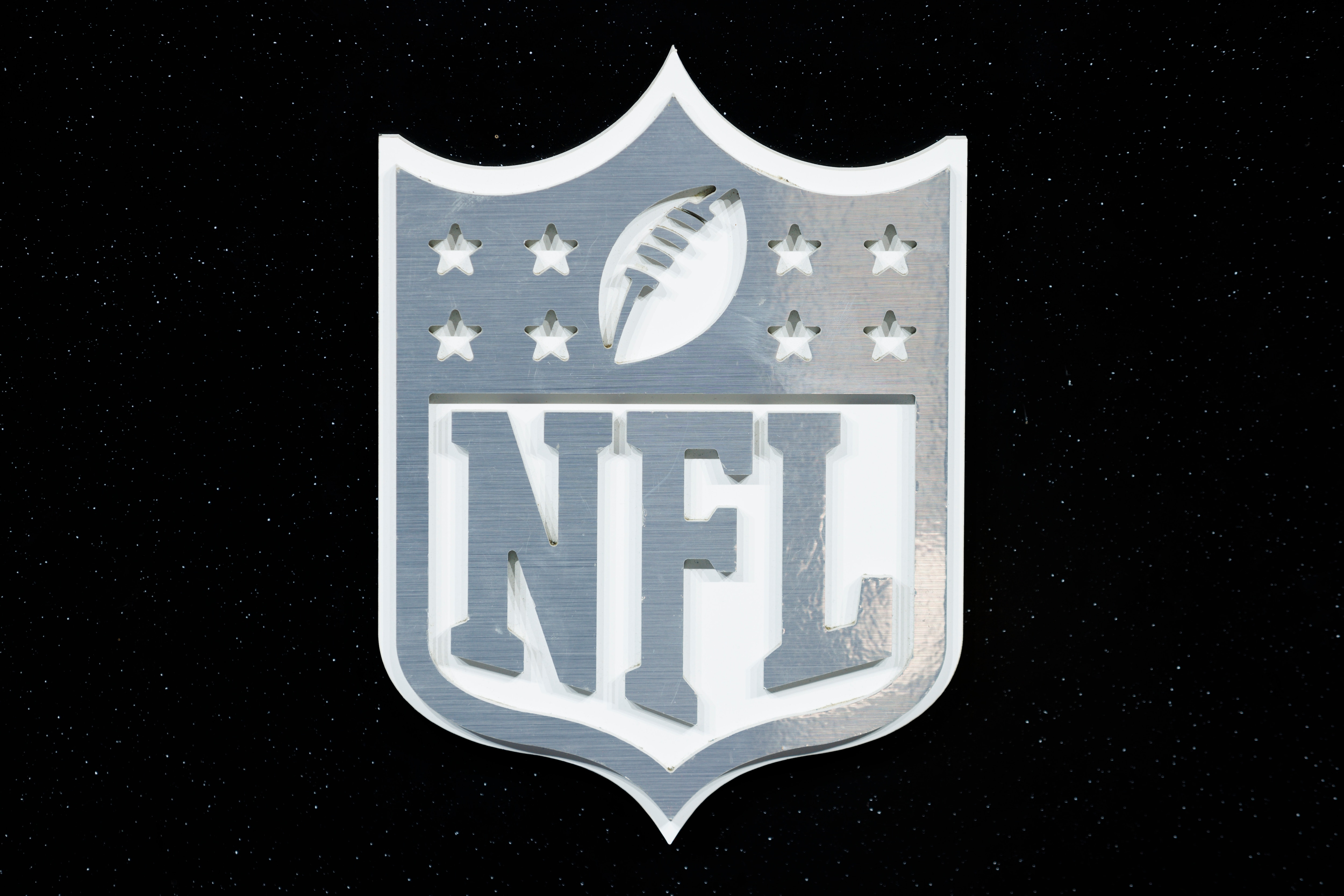 LOS ANGELES, CA - FEBRUARY 08: Detail view of the NFL Shield logo seen at the Super Bowl Experience on February 08, 2022, at the Los Angeles Convention Center in Los Angeles, CA. (Photo by Ric Tapia/Icon Sportswire via Getty Images)