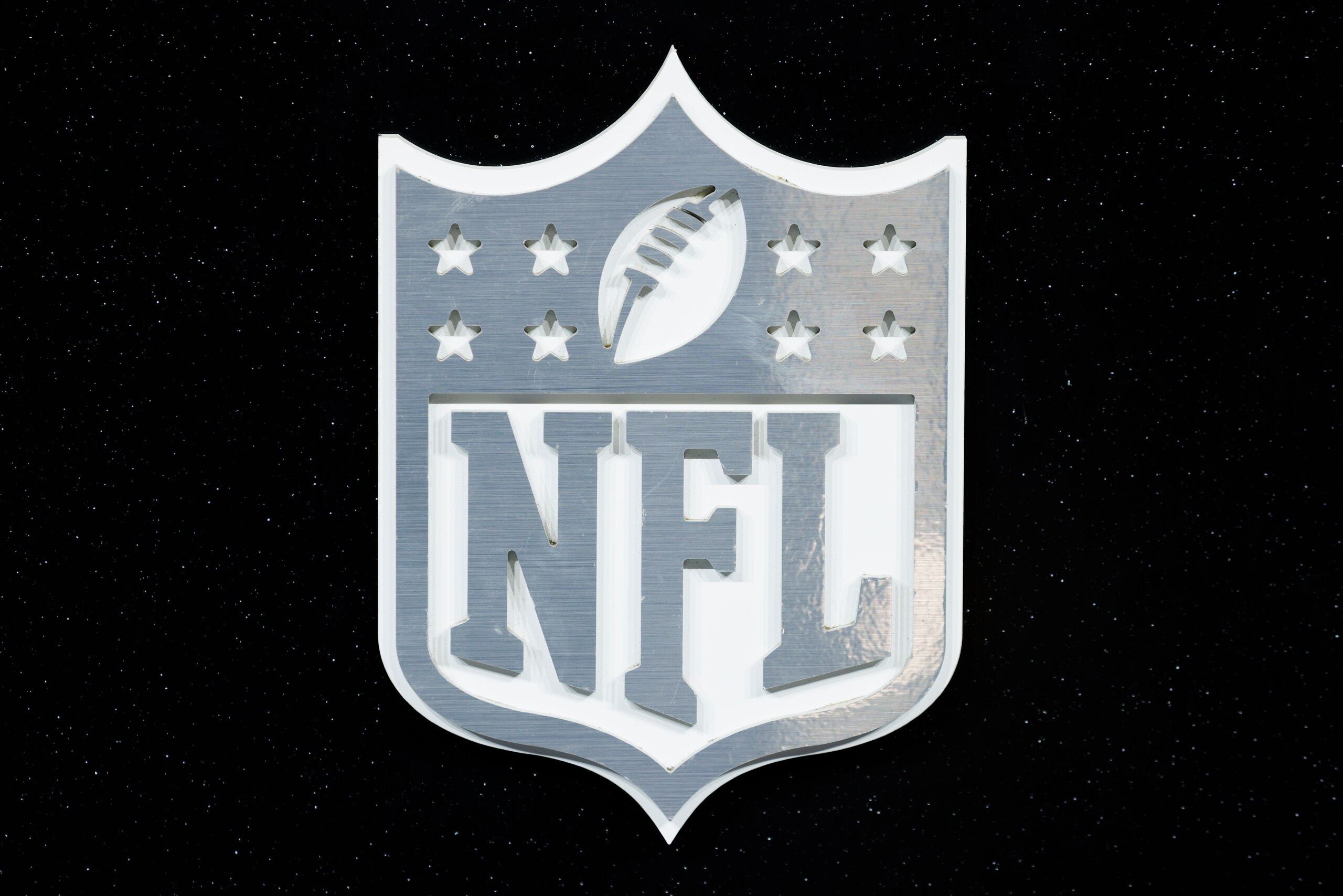 LOS ANGELES, CA - FEBRUARY 08: Detail view of the NFL Shield logo seen at the Super Bowl Experience on February 08, 2022, at the Los Angeles Convention Center in Los Angeles, CA. (Photo by Ric Tapia/Icon Sportswire via Getty Images)