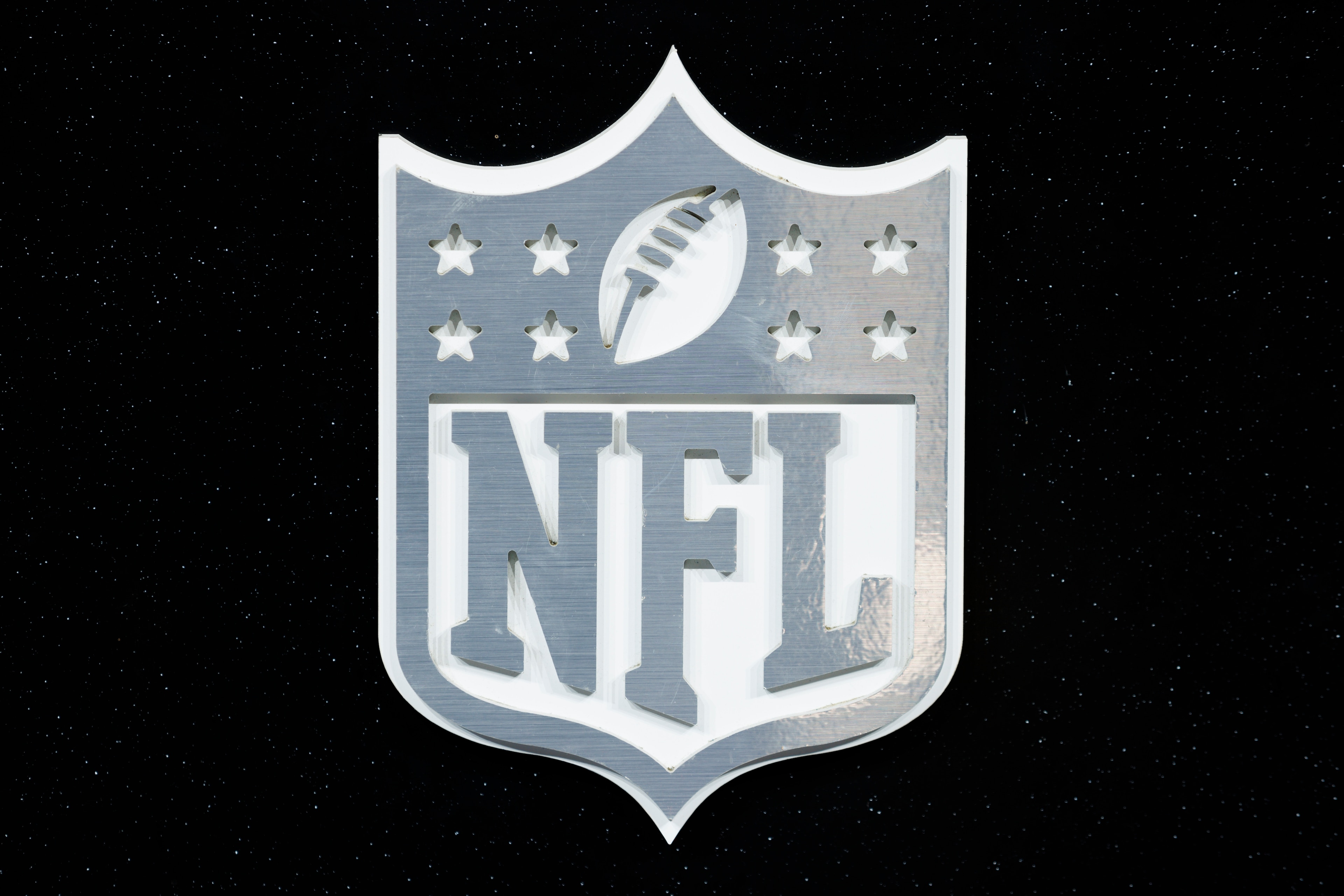 LOS ANGELES, CA - FEBRUARY 08: Detail view of the NFL Shield logo seen at the Super Bowl Experience on February 08, 2022, at the Los Angeles Convention Center in Los Angeles, CA. (Photo by Ric Tapia/Icon Sportswire via Getty Images)