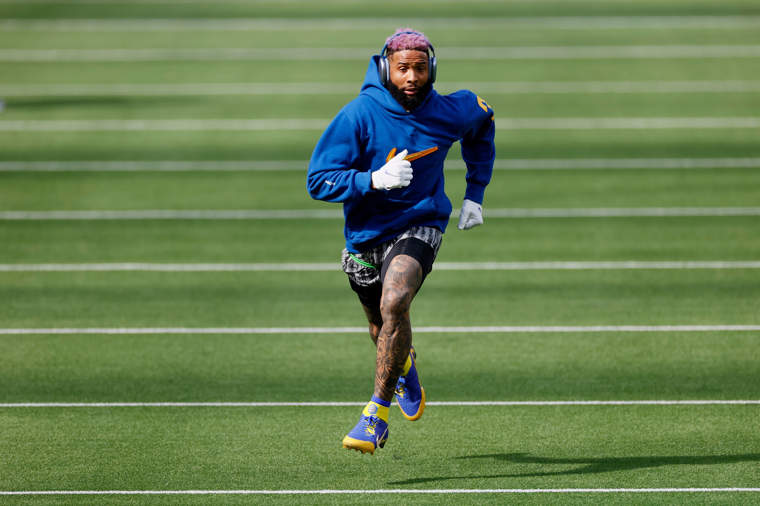 INGLEWOOD, CALIFORNIA - FEBRUARY 13: Odell Beckham Jr. #3 of the Los Angeles Rams warms up before Super Bowl LVI against the Cincinnati Bengals at SoFi Stadium on February 13, 2022 in Inglewood, California. (Photo by Steph Chambers/Getty Images)