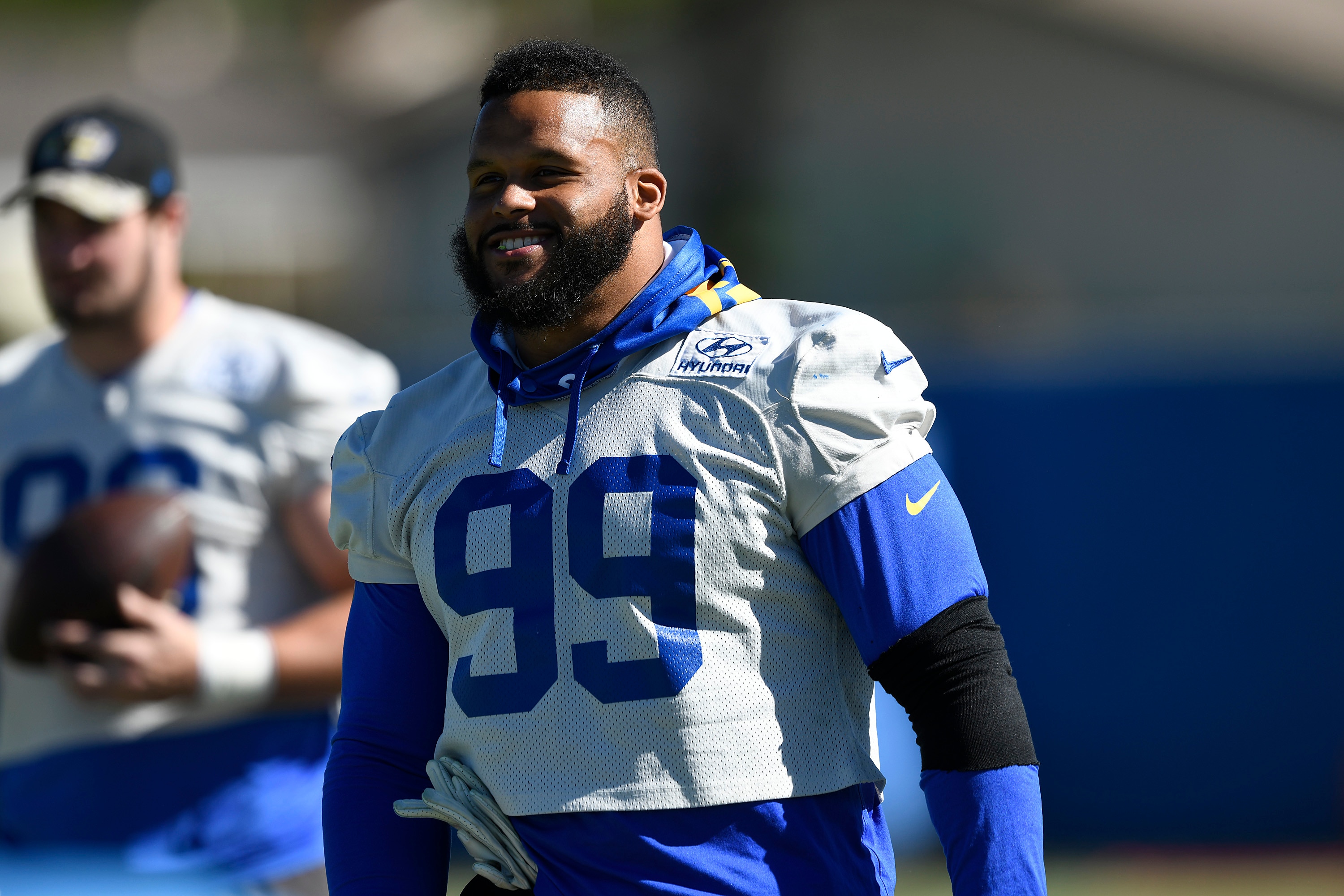 THOUSAND OAKS, CALIFORNIA - FEBRUARY 11: Aaron Donald #99 of the Los Angeles Rams during practice in preparation for Super Bowl LVI at California Lutheran University on February 11, 2022 in Thousand Oaks, California. The Rams will play against the Cincinnati Bengals in Super Bowl LVI on February 13. (Photo by Kevork Djansezian/Getty Images)