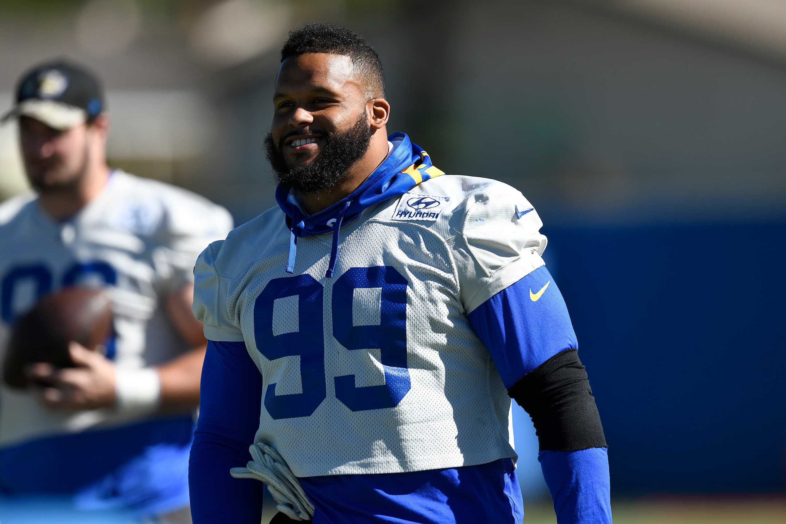 THOUSAND OAKS, CALIFORNIA - FEBRUARY 11: Aaron Donald #99 of the Los Angeles Rams during practice in preparation for Super Bowl LVI at California Lutheran University on February 11, 2022 in Thousand Oaks, California. The Rams will play against the Cincinnati Bengals in Super Bowl LVI on February 13. (Photo by Kevork Djansezian/Getty Images)