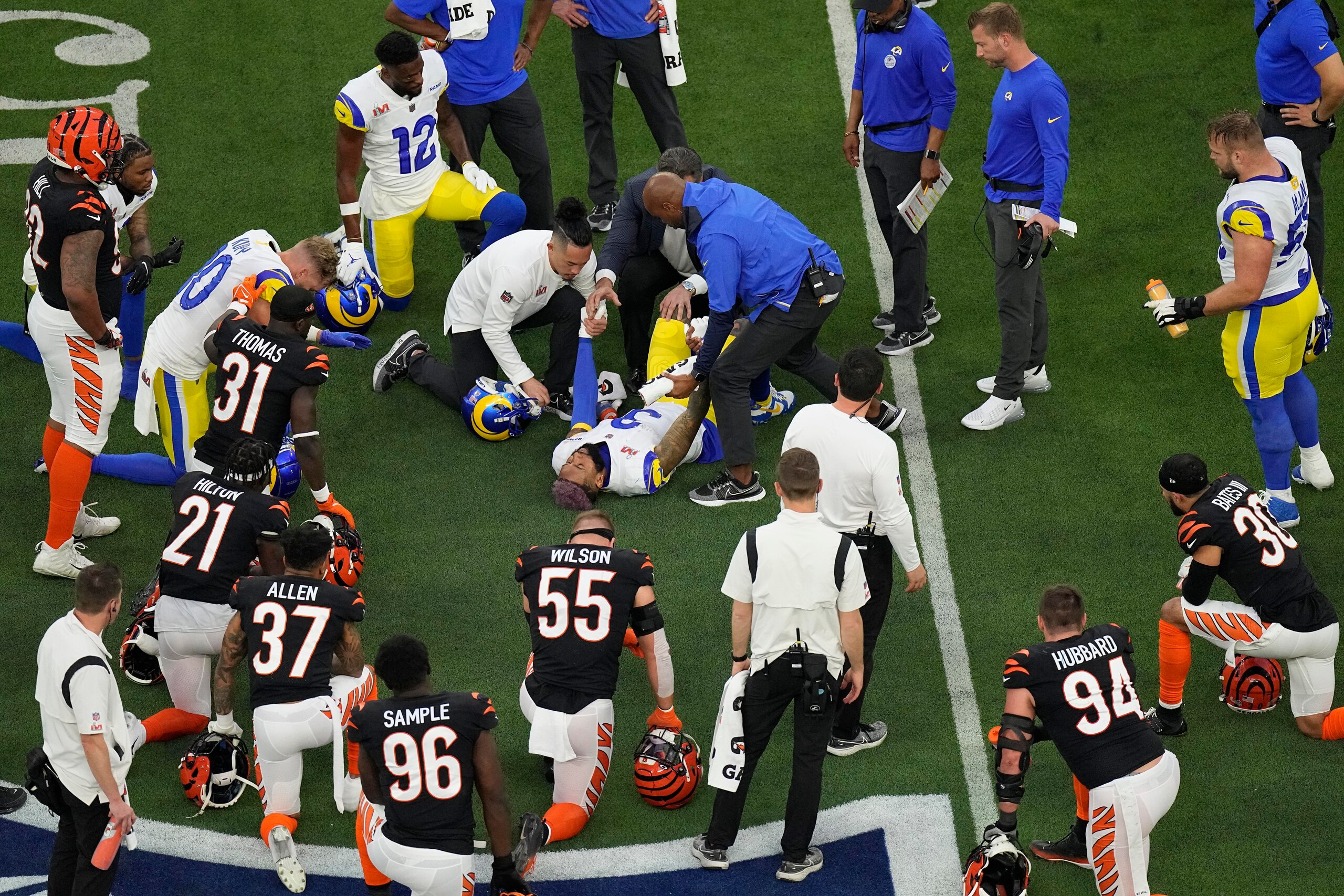 Los Angeles Rams wide receiver Odell Beckham Jr. (3) is attended on the field during the first half of the NFL Super Bowl 56 football game against the Cincinnati Bengals, Sunday, Feb. 13, 2022, in Inglewood, Calif. (AP Photo/Matt Rourke) Los Angeles Rams wide receiver Odell Beckham Jr. (3) is attended on the field during the first half of the NFL Super Bowl 56 football game against the Cincinnati Bengals, Sunday, Feb. 13, 2022, in Inglewood, Calif. (AP Photo/Matt Rourke)
