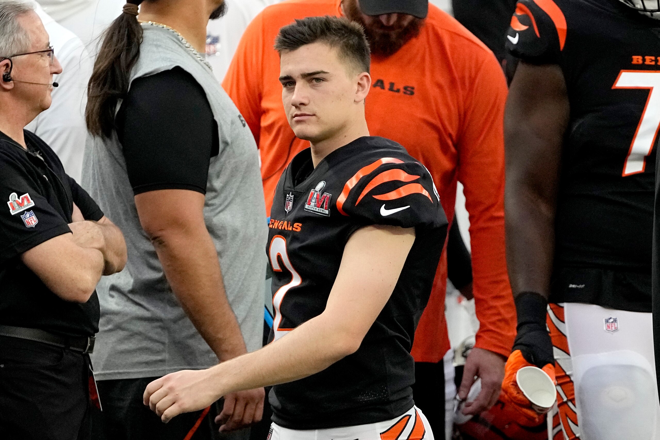 Cincinnati Bengals kicker Evan McPherson (2) walks the sidelines during the first half of the NFL Super Bowl 56 football game against the Los Angeles Rams, Sunday, Feb. 13, 2022, in Inglewood, Calif. (AP Photo/Tony Gutierrez)